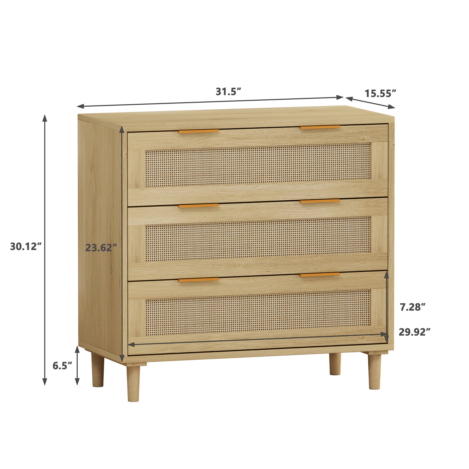 Nøordka Light Sideboard Default 32" Mid Century Modern Three Drawer Rattan Storage Cabinet