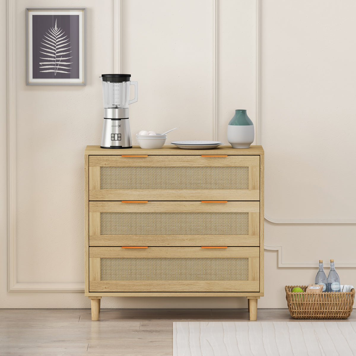 Nøordka Light Sideboard Default 32" Mid Century Modern Three Drawer Rattan Storage Cabinet