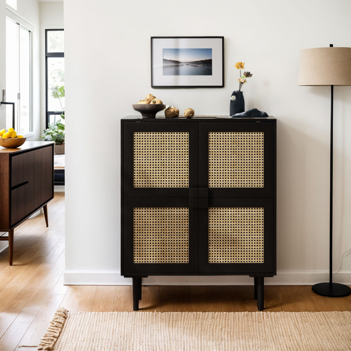 Nøordka Light Sideboard Default 32" Rattan Mesh Four Door Storage Cabinet with Dark Accents