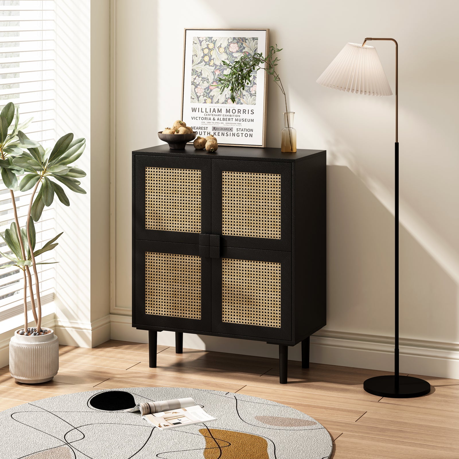 Nøordka Light Sideboard Default 32" Rattan Mesh Four Door Storage Cabinet with Dark Accents