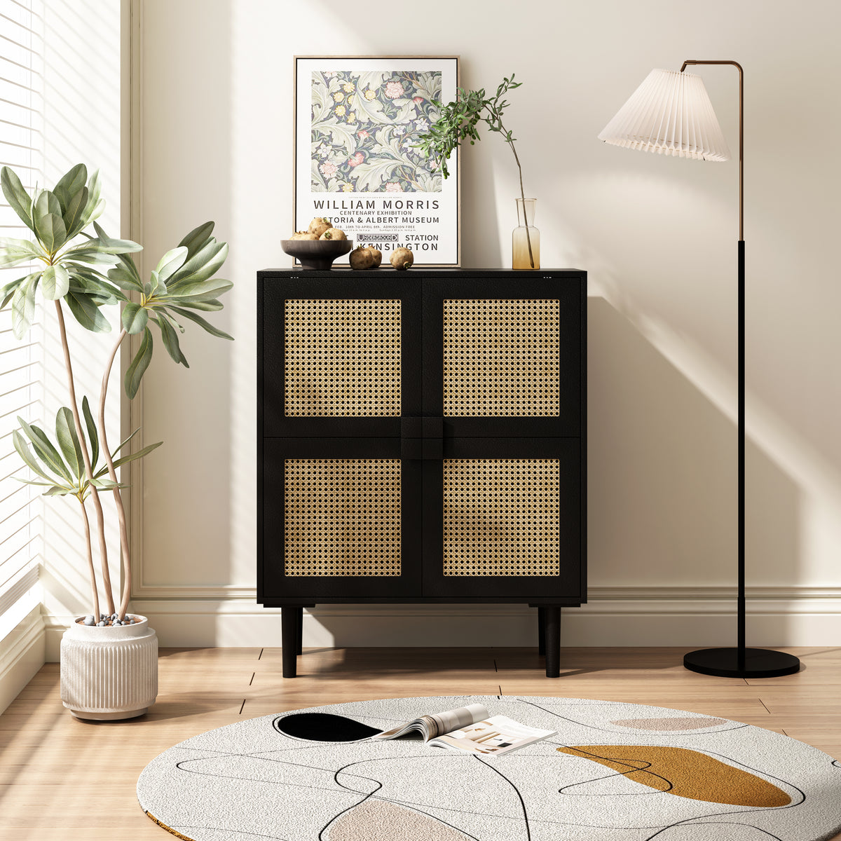 Nøordka Light Sideboard Default 32" Rattan Mesh Four Door Storage Cabinet with Dark Accents