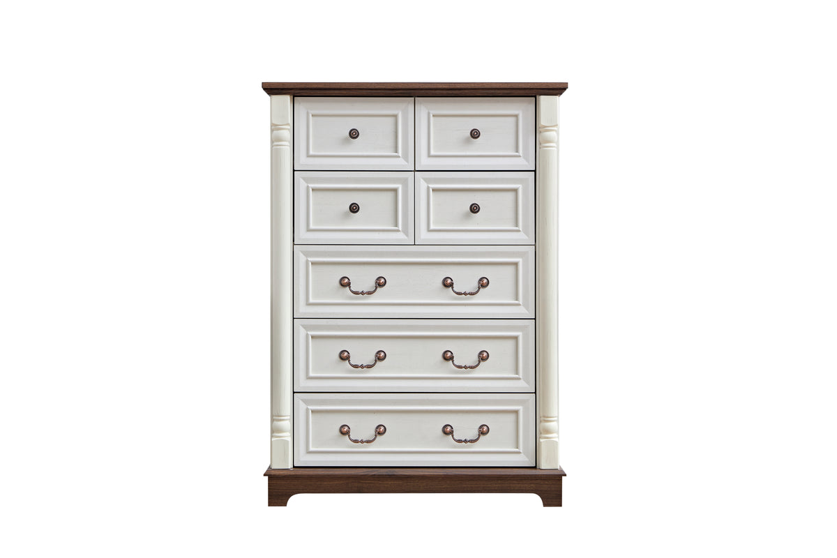 Nøordka Light Sideboard Default 32" White Rustic 7 Drawer Wooden Dresser Chest in Walnut Finish