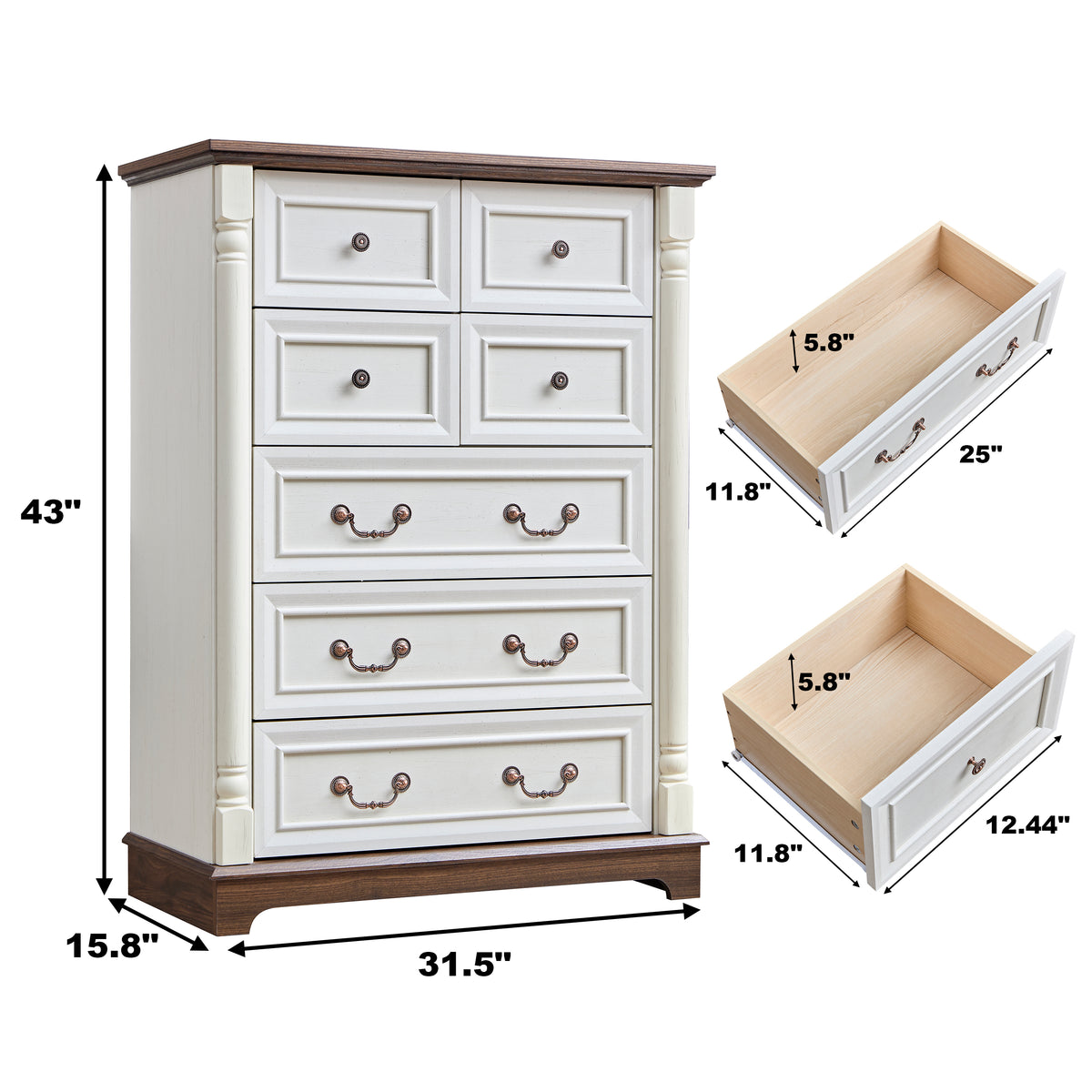 Nøordka Light Sideboard Default 32" White Rustic 7 Drawer Wooden Dresser Chest in Walnut Finish