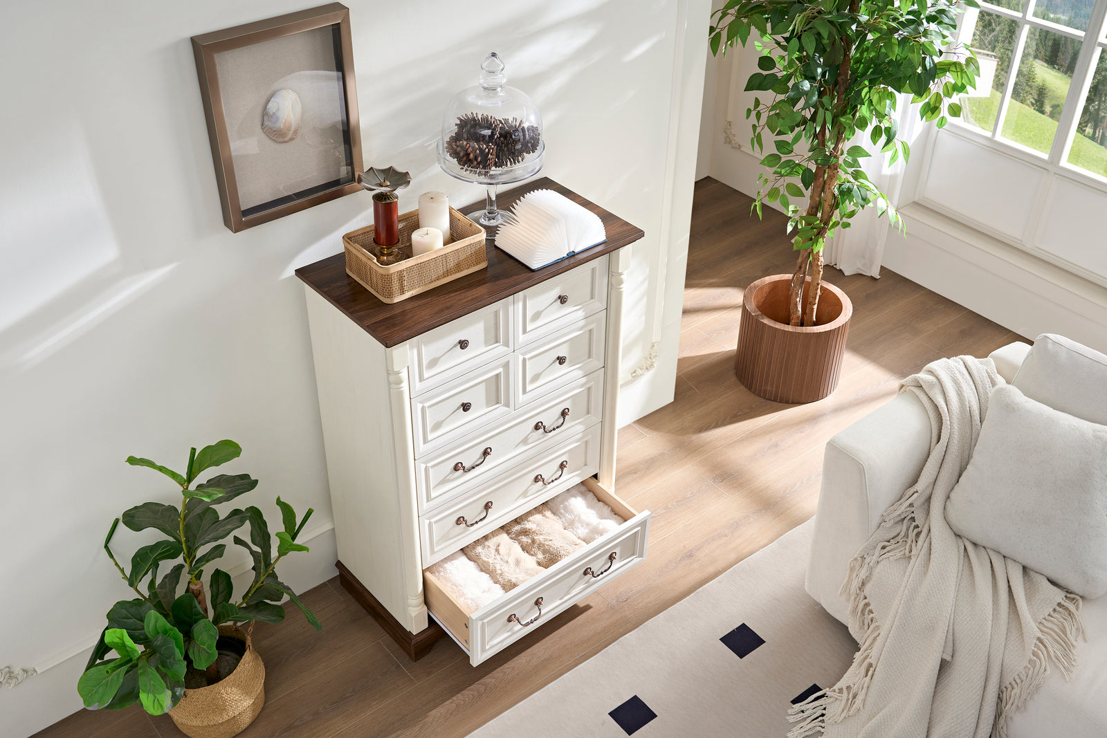 Nøordka Light Sideboard Default 32" White Rustic 7 Drawer Wooden Dresser Chest in Walnut Finish
