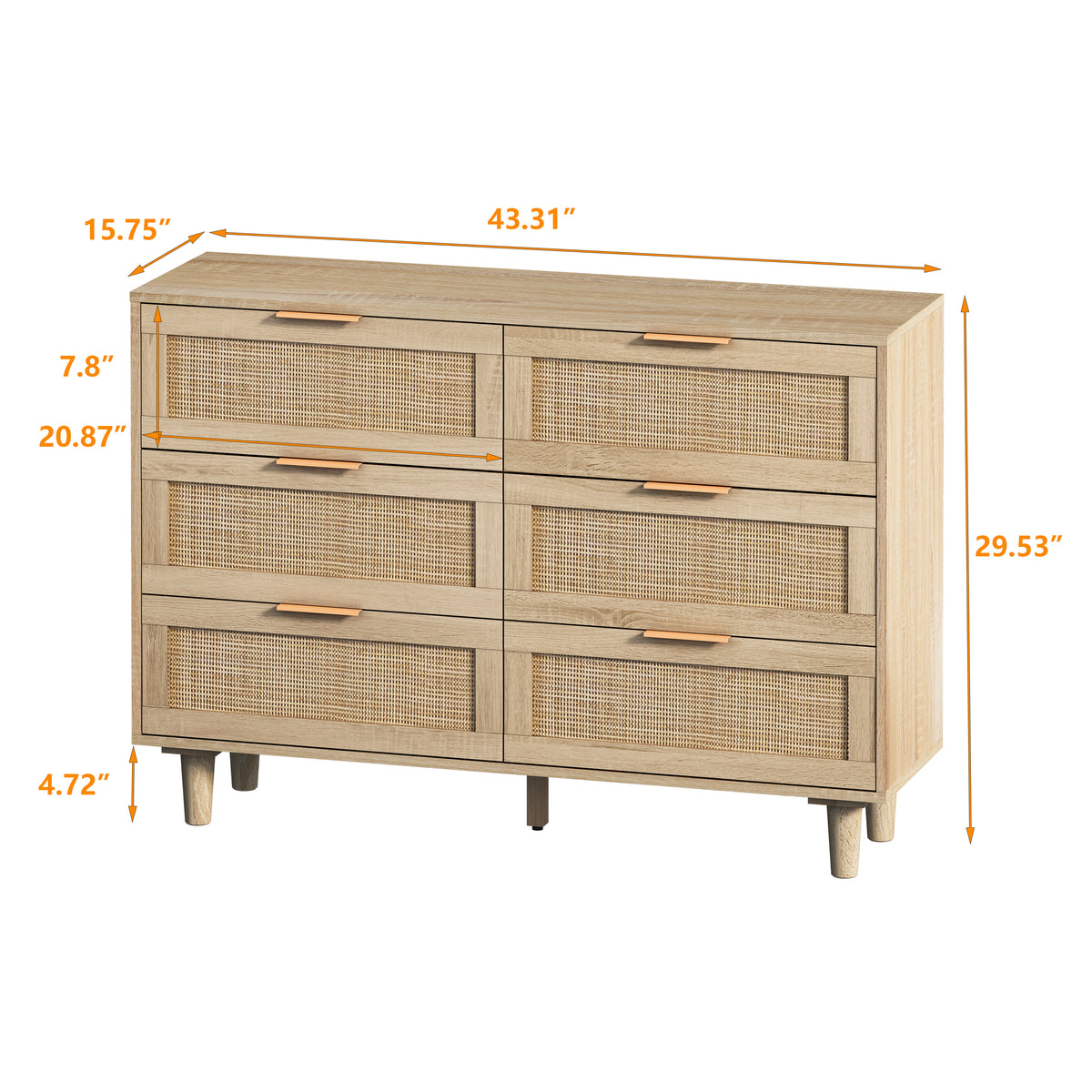 Nøordka Light Sideboard Default 44" Mid Century Modern Rattan 6-Drawer Cabinet in Neutral Tone