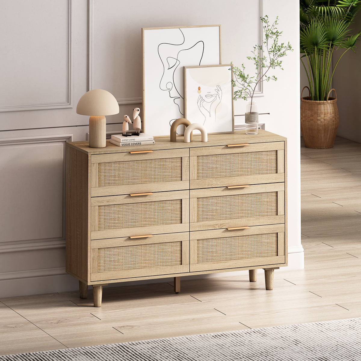 Nøordka Light Sideboard Default 44" Mid Century Modern Rattan 6-Drawer Cabinet in Neutral Tone