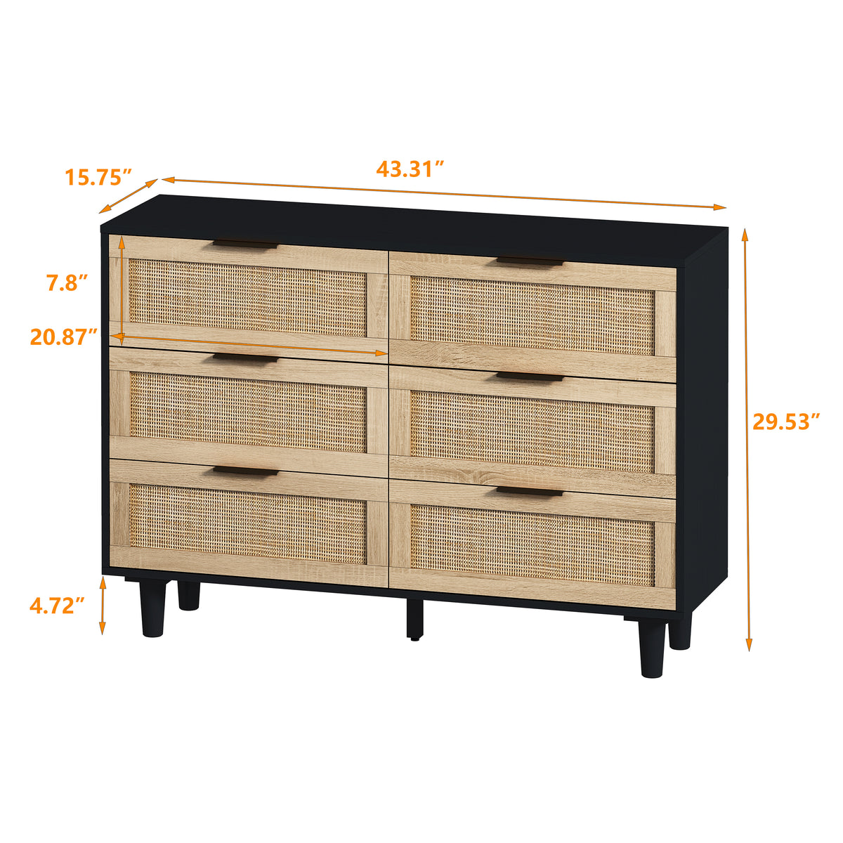 Nøordka Light Sideboard Default 45" Mid Century Modern Rattan Storage Cabinet with 6 Drawers with Dark Accents