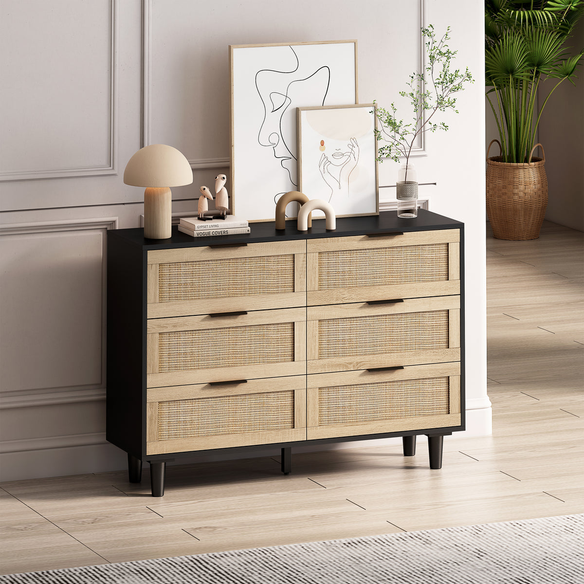 Nøordka Light Sideboard Default 45" Mid Century Modern Rattan Storage Cabinet with 6 Drawers with Dark Accents