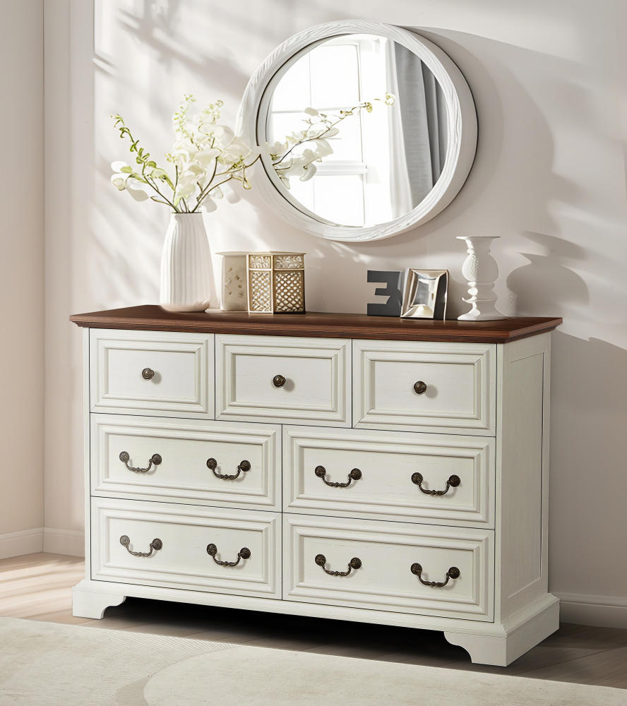 Nøordka Light Sideboard Default 50" Antique White Rustic Engineered Wood 7 Drawer Dresser