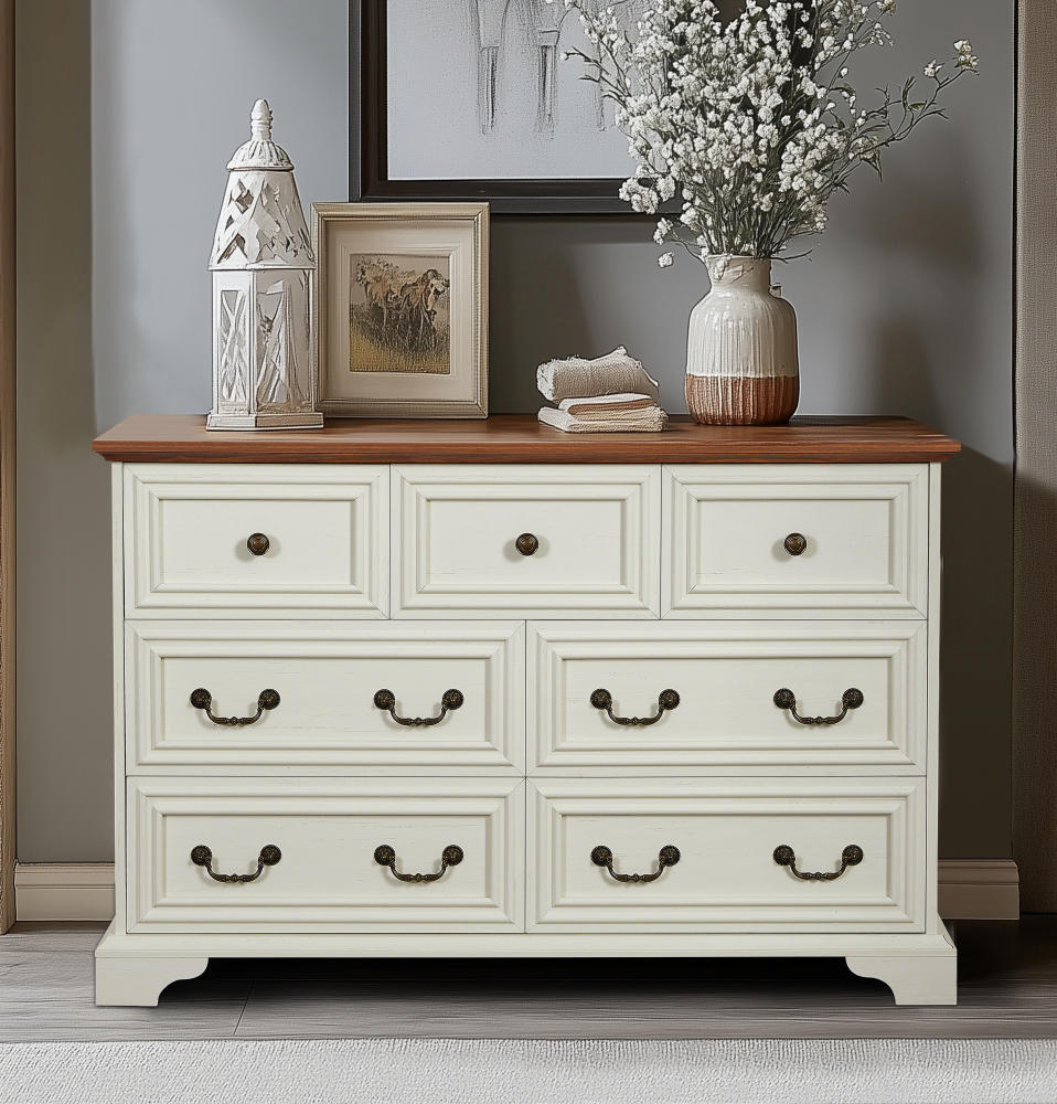 Nøordka Light Sideboard Default 50" Antique White Rustic Engineered Wood 7 Drawer Dresser