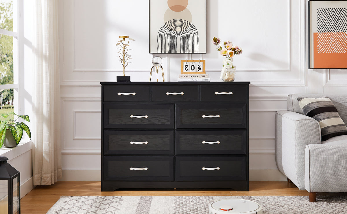 Nøordka Light Sideboard Default 50" Black Finish Rustic Wooden 9 Drawer Dresser
