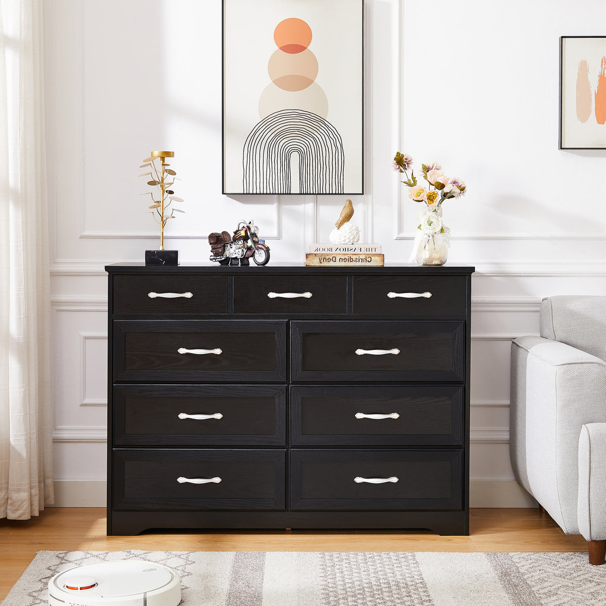 Nøordka Light Sideboard Default 50" Black Finish Rustic Wooden 9 Drawer Dresser