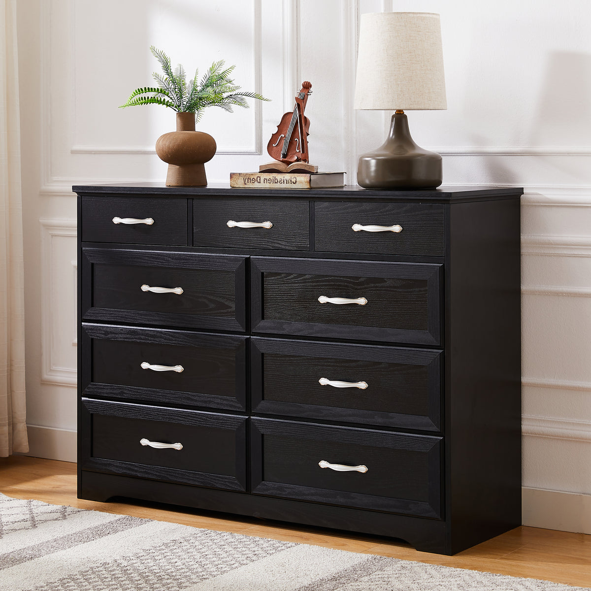 Nøordka Light Sideboard Default 50" Black Finish Rustic Wooden 9 Drawer Dresser