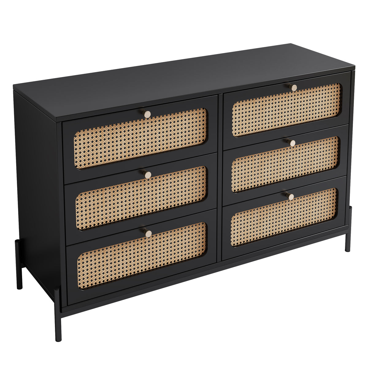 Nøordka Light Sideboard Default 50" Modern Rattan Wood 6-Drawer Dresser in Black