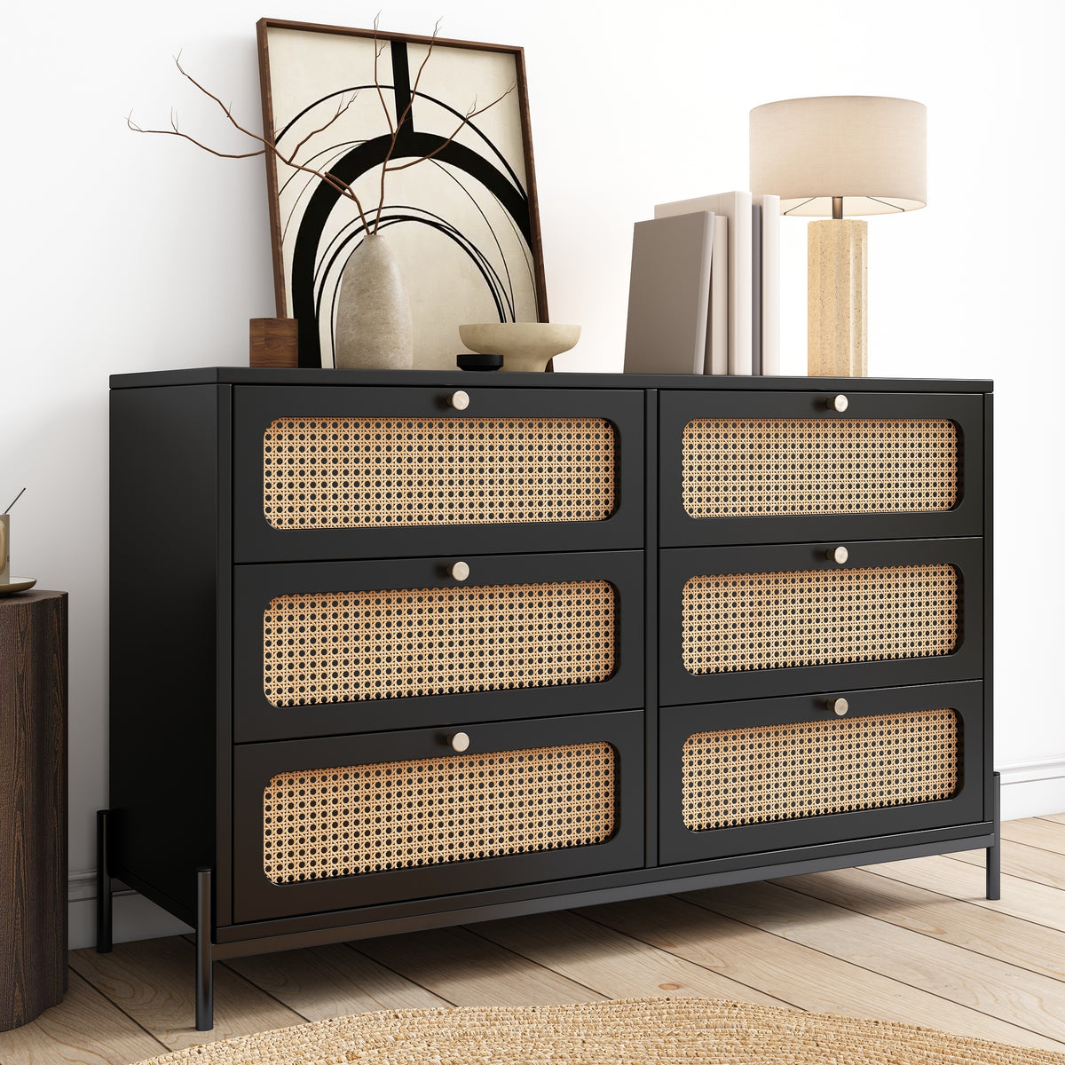 Nøordka Light Sideboard Default 50" Modern Rattan Wood 6-Drawer Dresser in Black