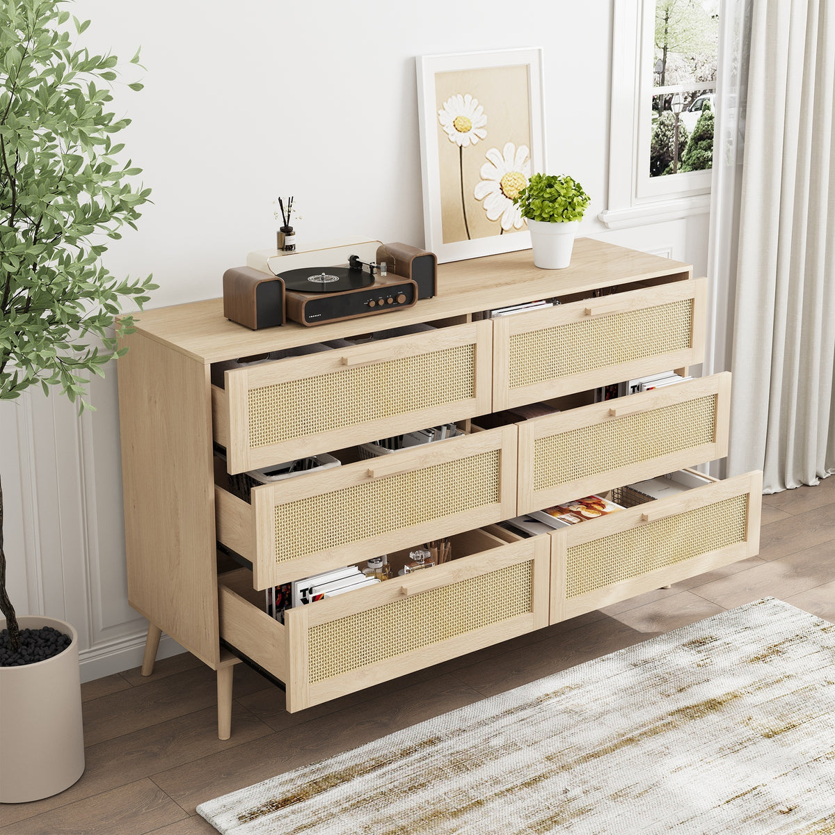 Nøordka Light Sideboard Default 50" Natural Tone Rattan 6 Drawer Chest