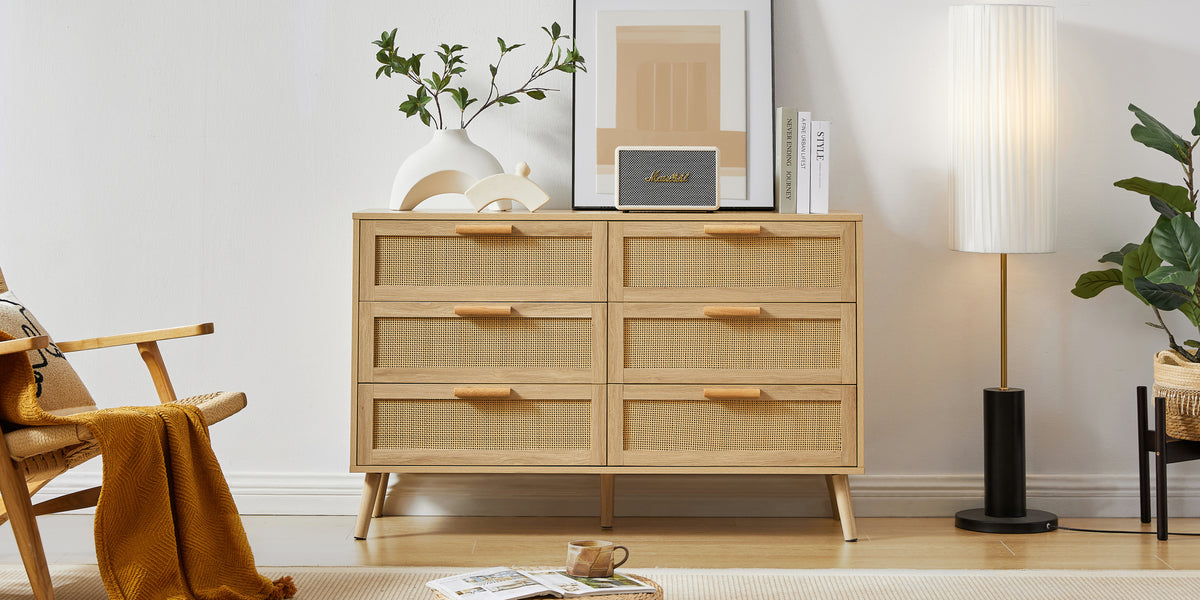 Nøordka Light Sideboard Default 50" Natural Wood Double Dresser with Rattan Drawers