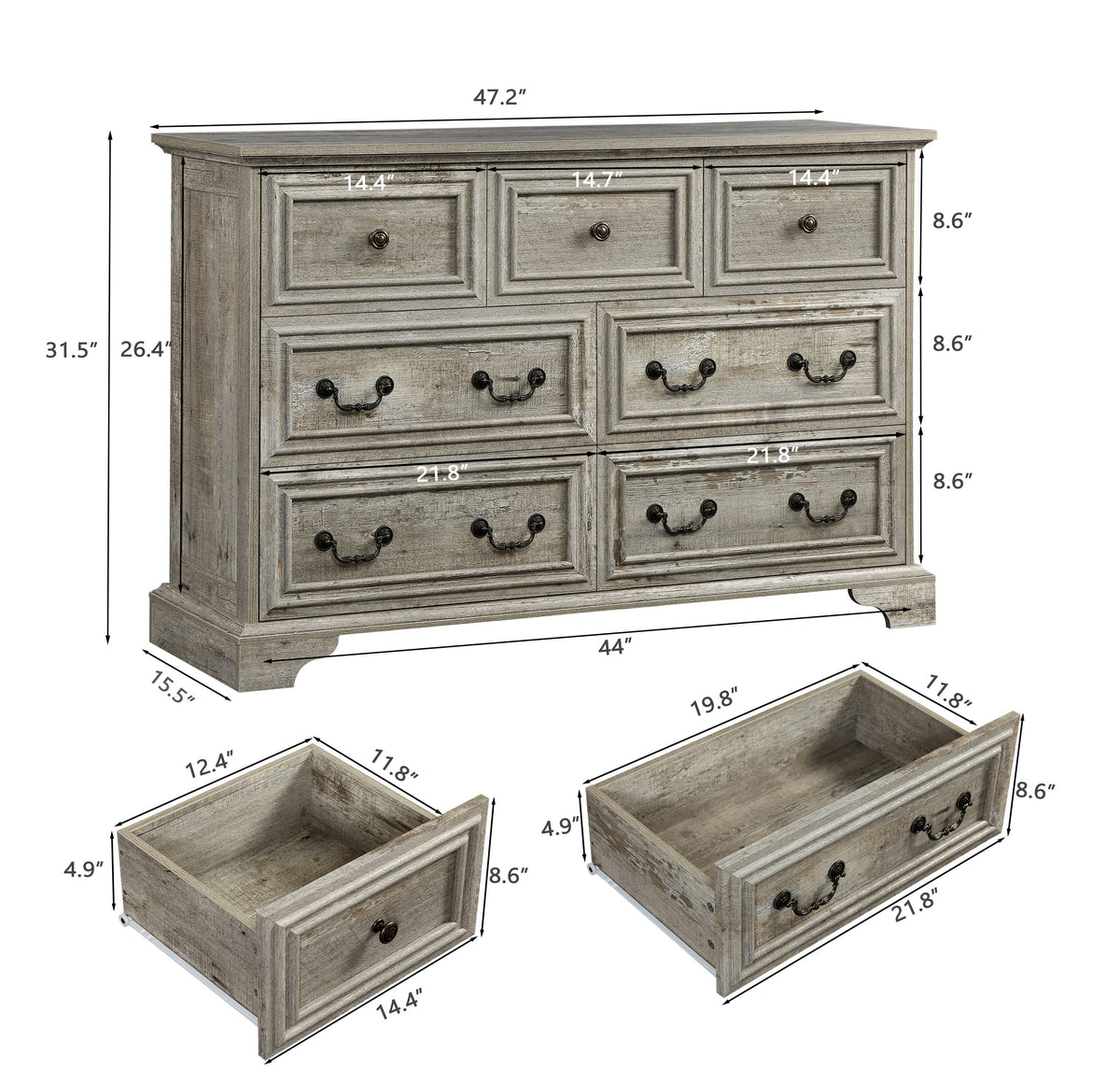 Nøordka Light Sideboard Default 50" Rustic Gray Finish Antique Style 7 Drawer Dresser