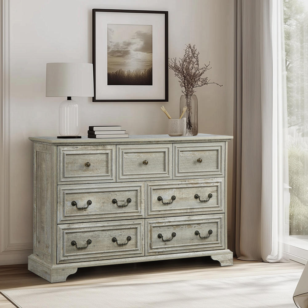 Nøordka Light Sideboard Default 50" Rustic Gray Finish Antique Style 7 Drawer Dresser