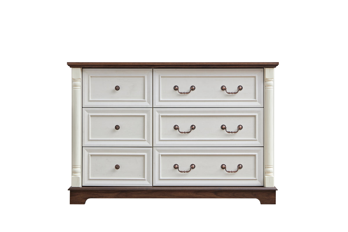 Nøordka Light Sideboard Default 50" Rustic Wooden 6 Drawer Dresser Chest in White &amp; Walnut Finish