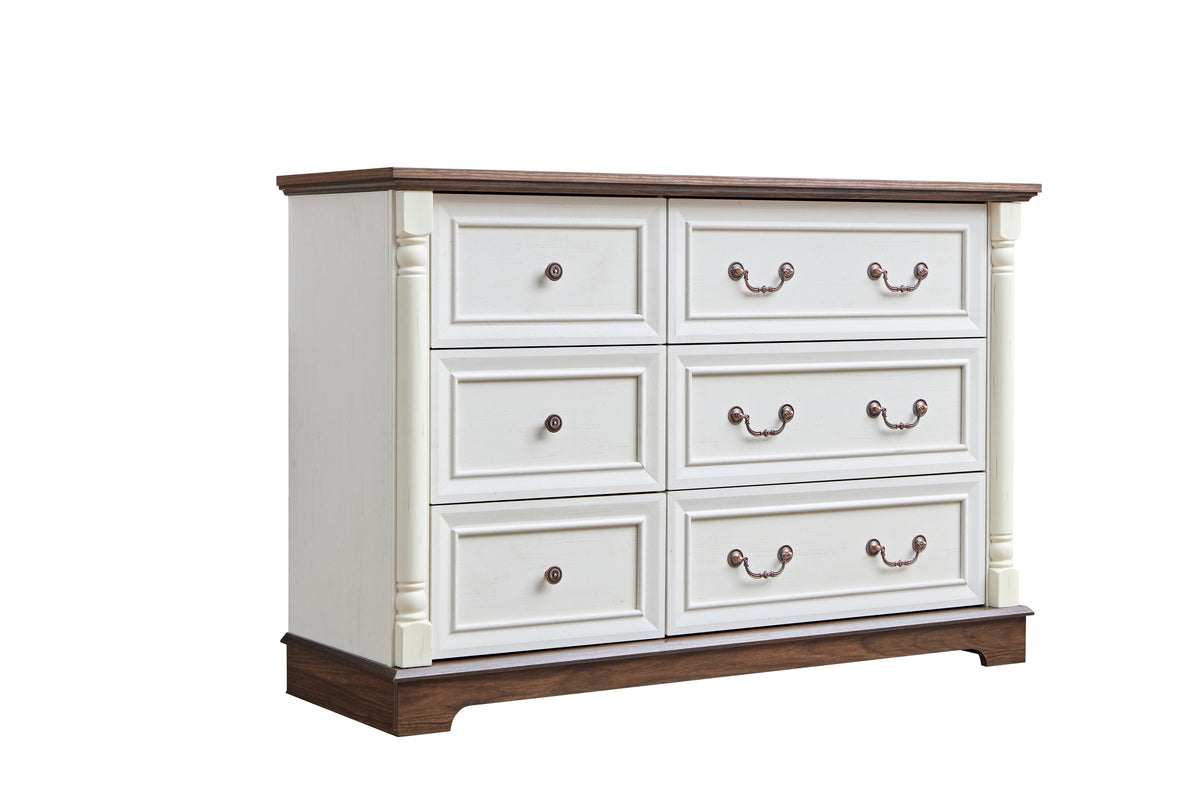 Nøordka Light Sideboard Default 50" Rustic Wooden 6 Drawer Dresser Chest in White &amp; Walnut Finish