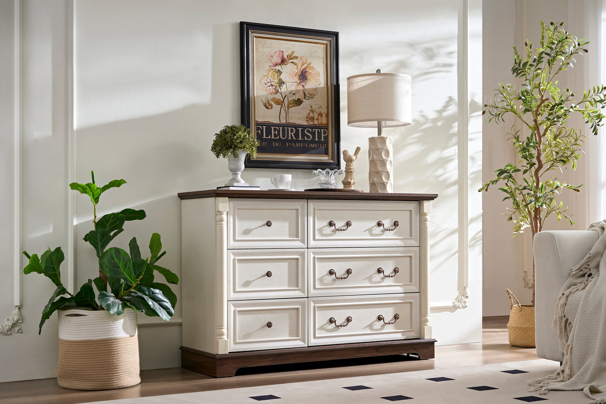 Nøordka Light Sideboard Default 50" Rustic Wooden 6 Drawer Dresser Chest in White &amp; Walnut Finish