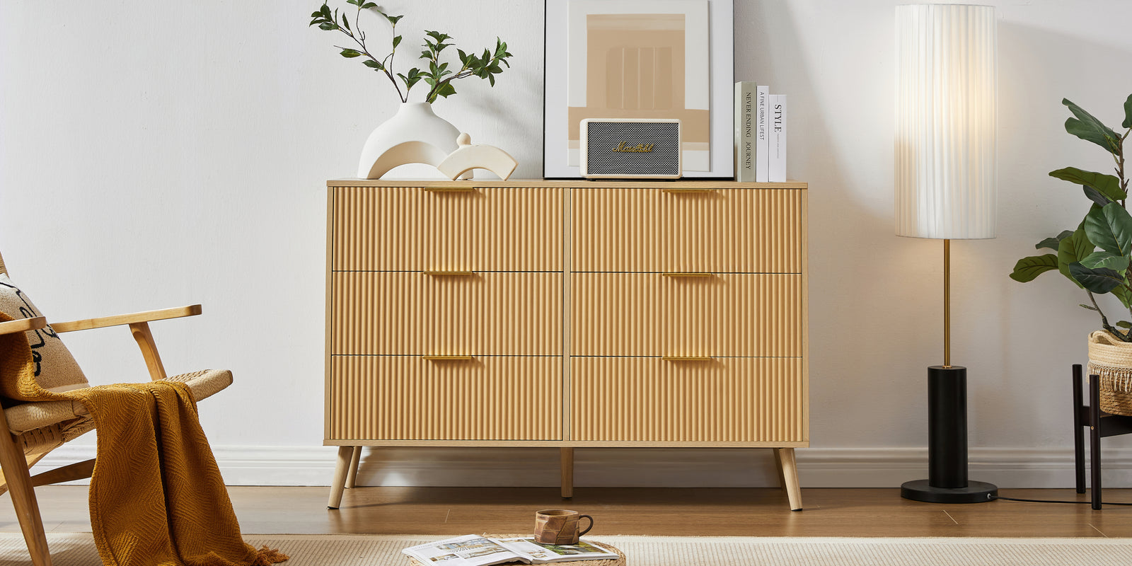 Nøordka Light Sideboard Default 50" Wooden 6 Drawer Dresser With Wavy Carve Drawers