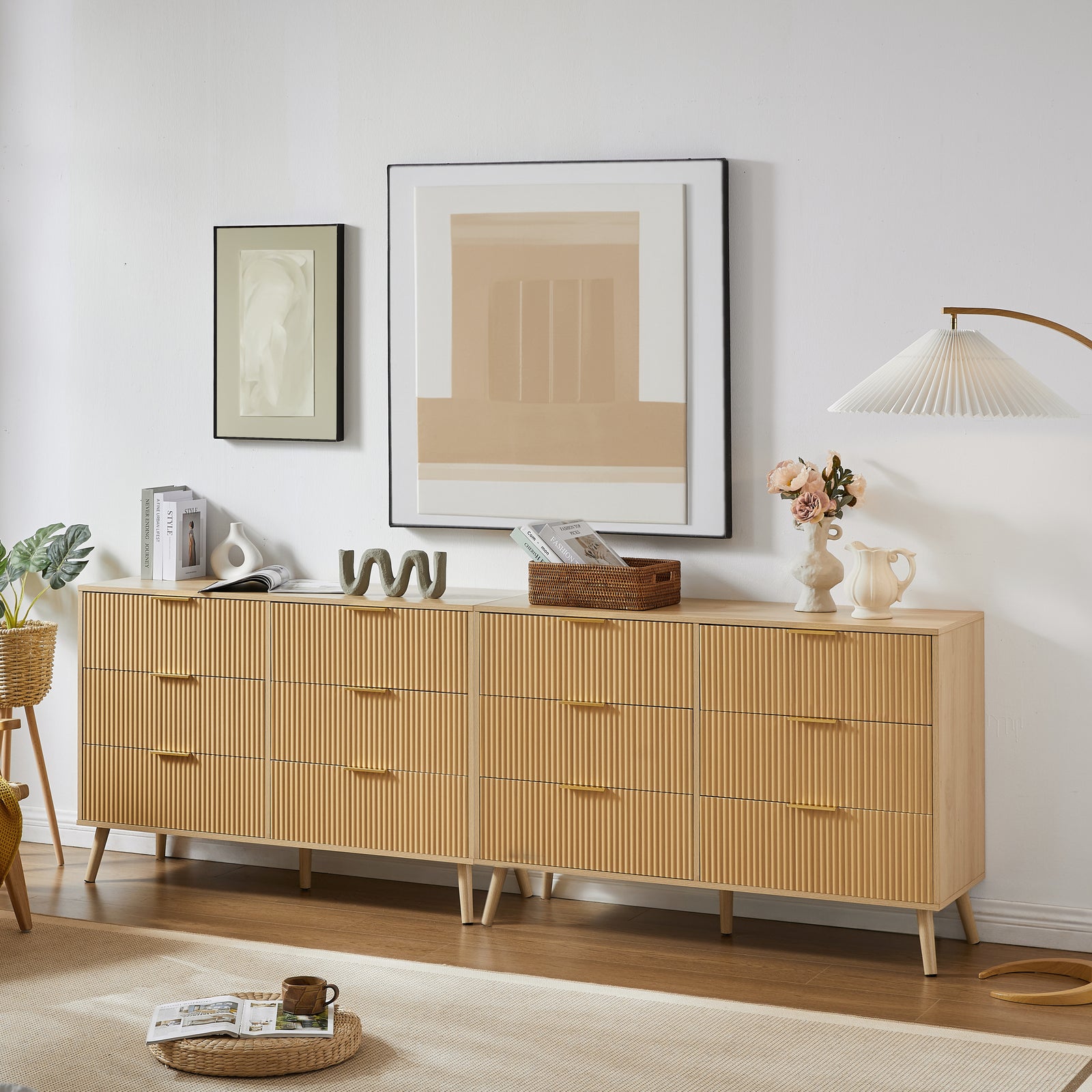 Nøordka Light Sideboard Default 50" Wooden 6 Drawer Dresser With Wavy Carve Drawers