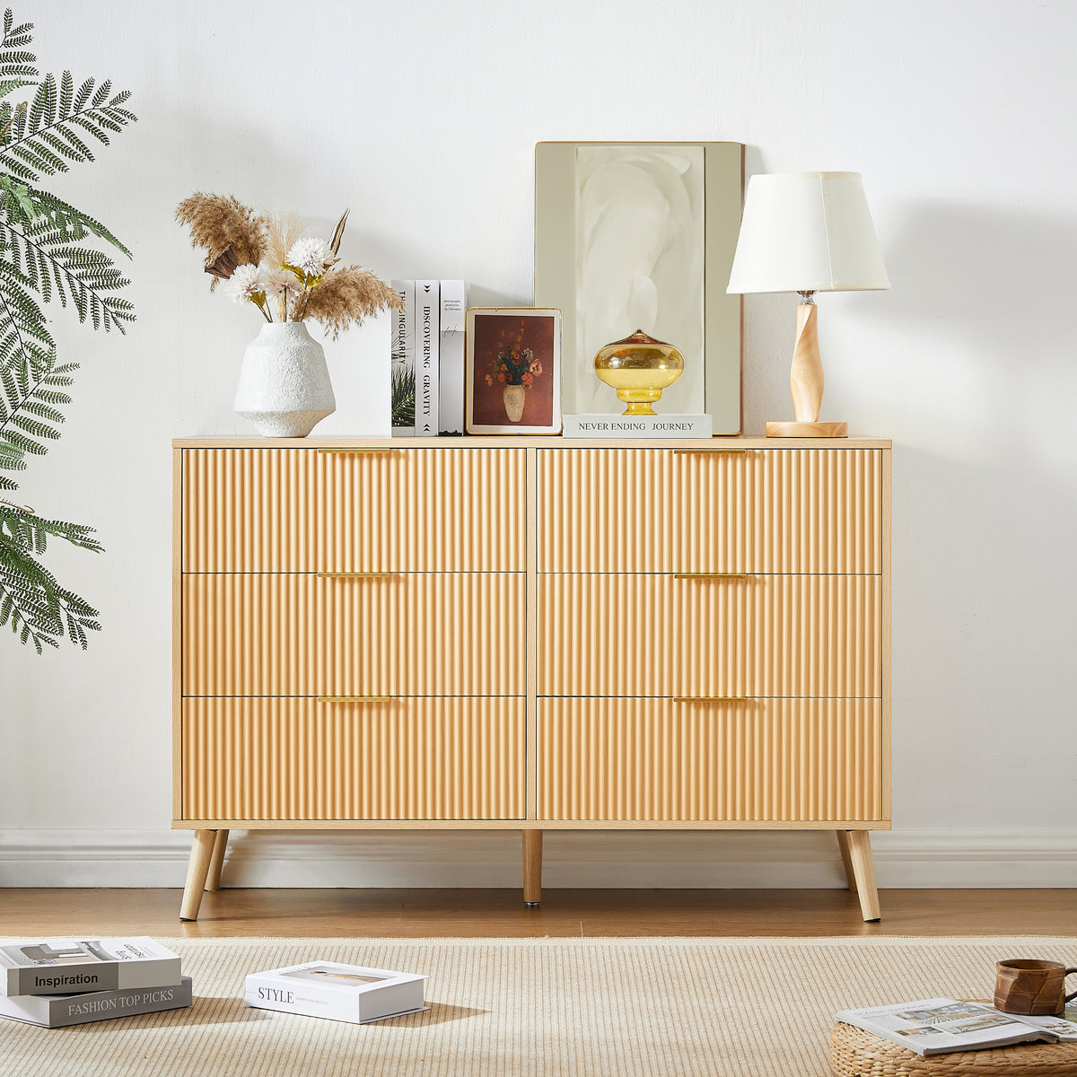 Nøordka Light Sideboard Default 50" Wooden 6 Drawer Dresser With Wavy Carve Drawers