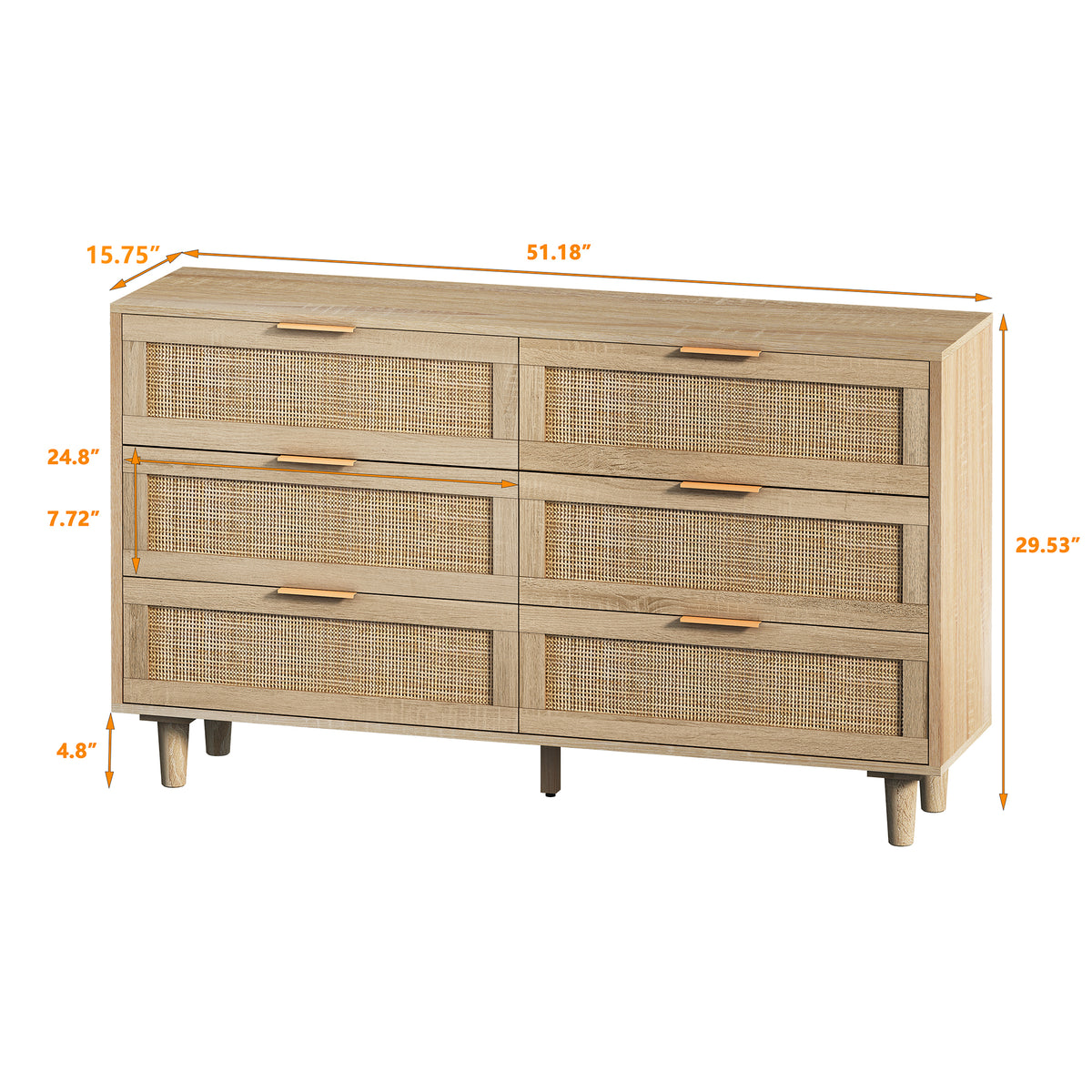 Nøordka Light Sideboard Default 52" Mid Century Modern 6 Drawer Rattan