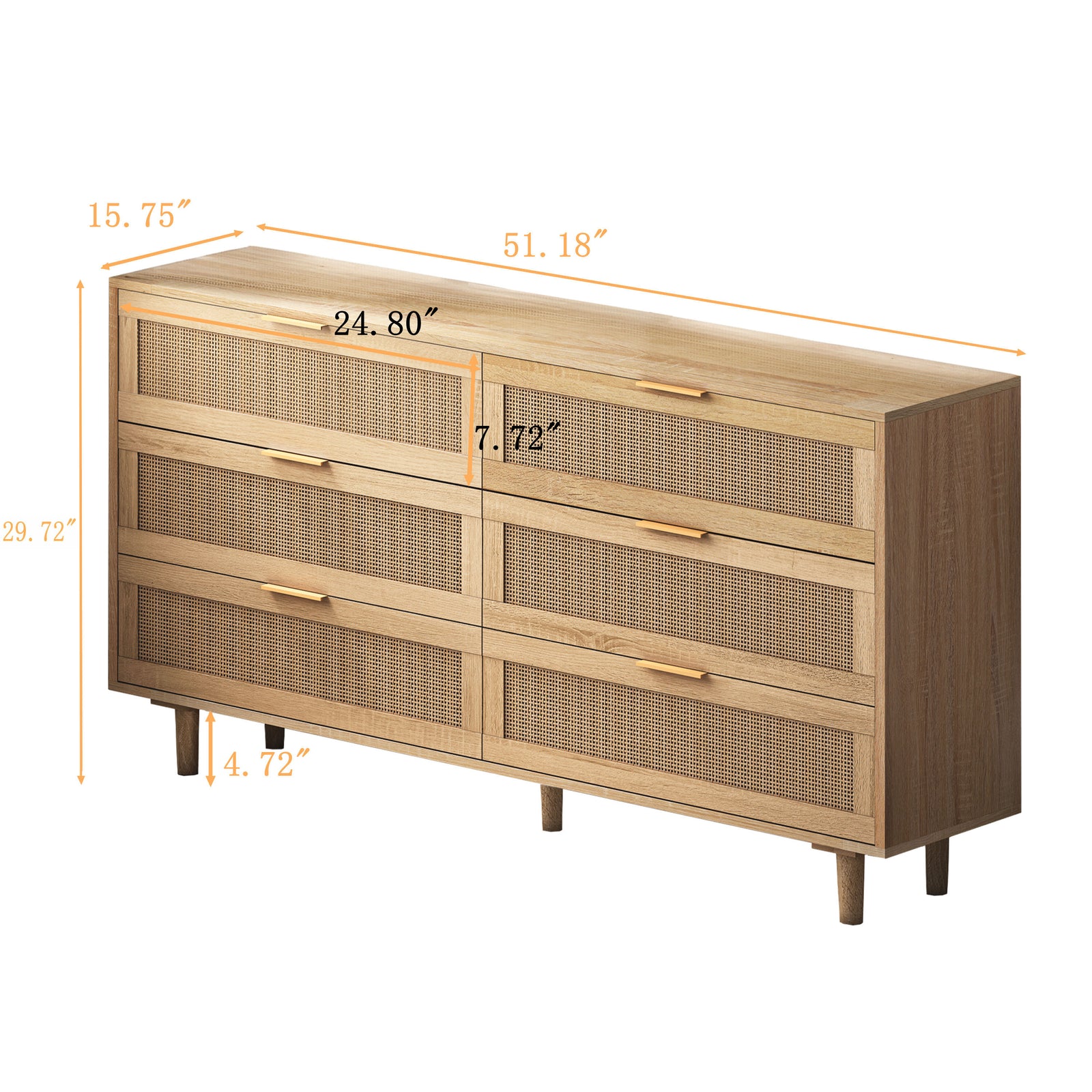 Nøordka Light Sideboard Default 52" Mid Century Modern 6 Drawer Rattan Storage Cabinet