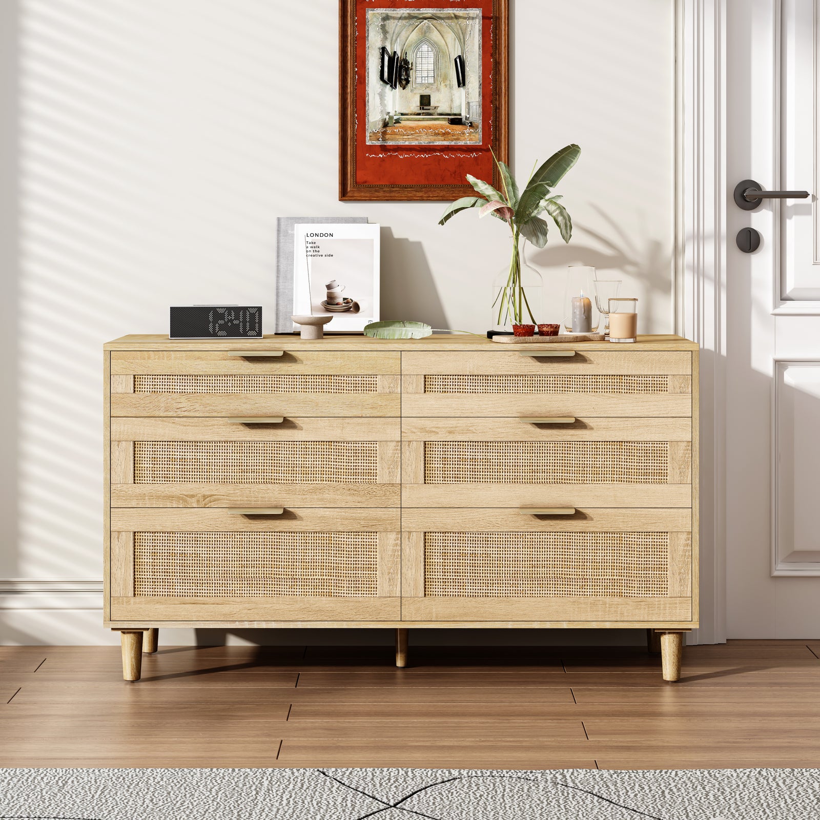 Nøordka Light Sideboard Default 52" Mid Century Modern Rattan 6 Drawer Dresser