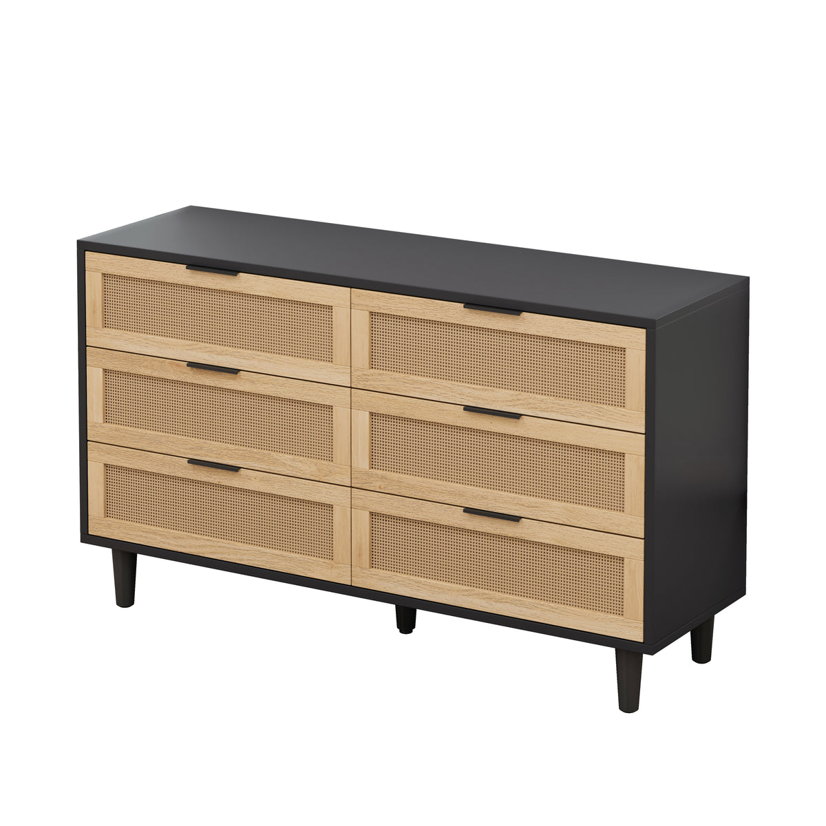 Nøordka Light Sideboard Default 52" Mid Century Modern Six Drawer Rattan Cabinet With Dark Accents