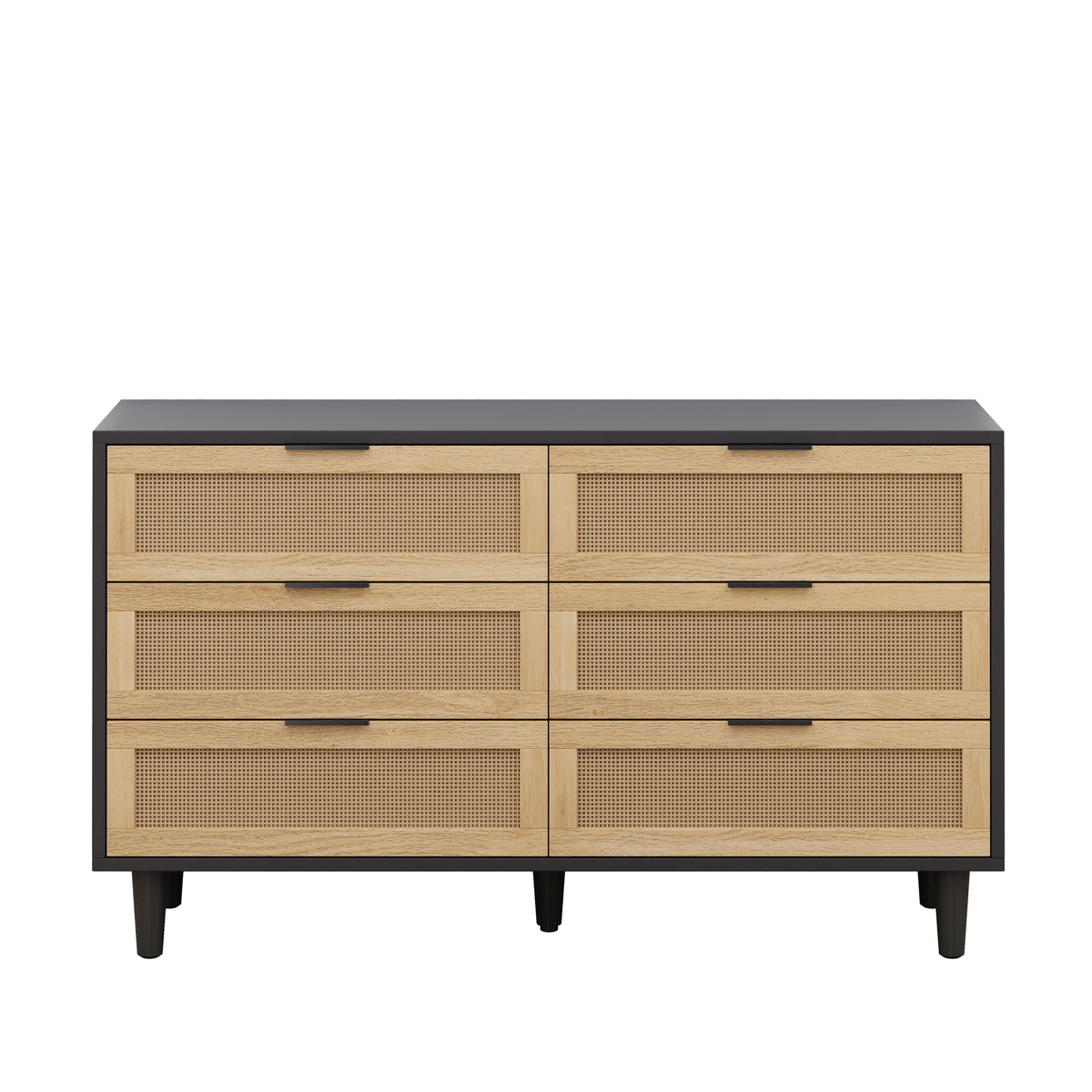 Nøordka Light Sideboard Default 52" Mid Century Modern Six Drawer Rattan Cabinet With Dark Accents