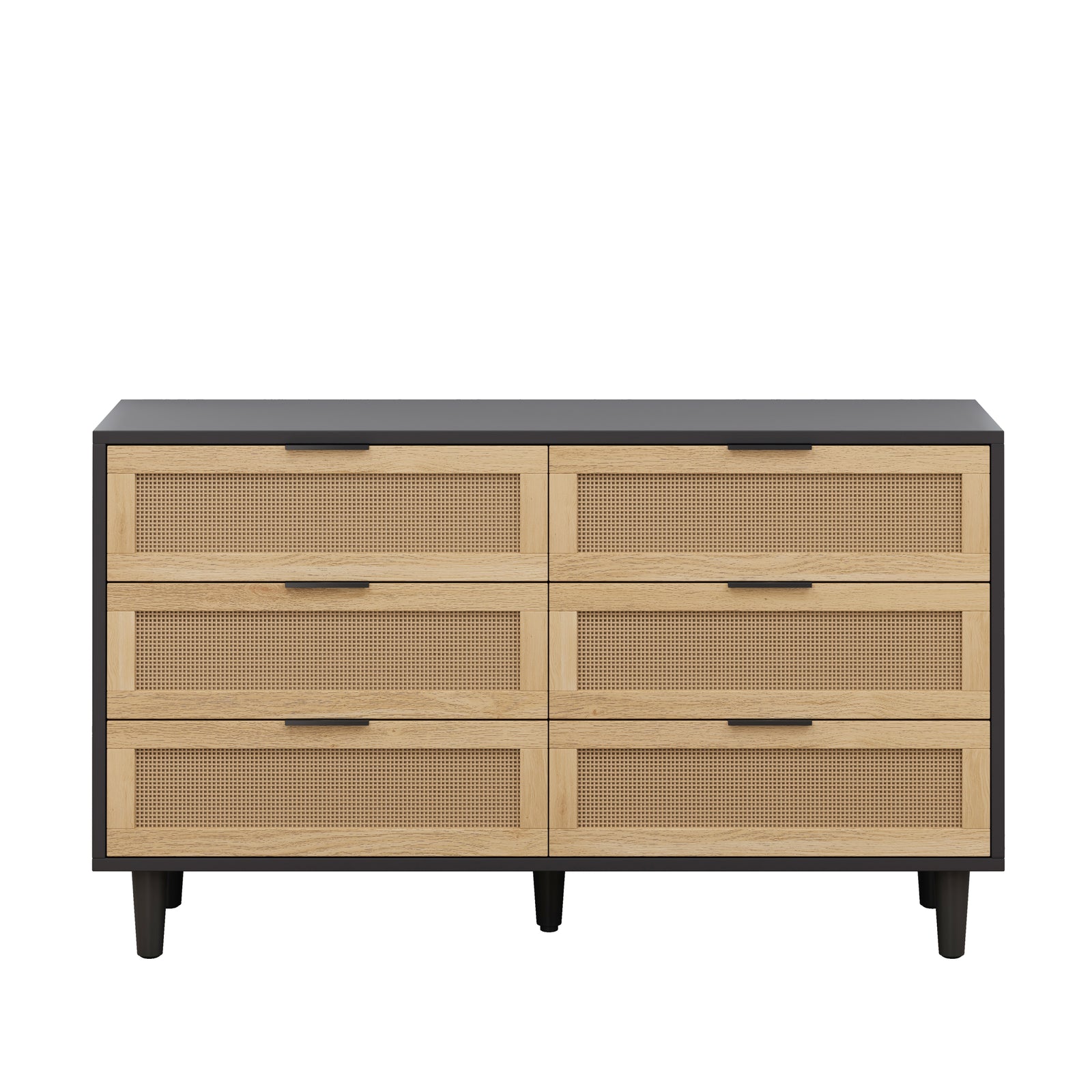 Nøordka Light Sideboard Default 52" Mid Century Modern Six Drawer Rattan Cabinet With Dark Accents