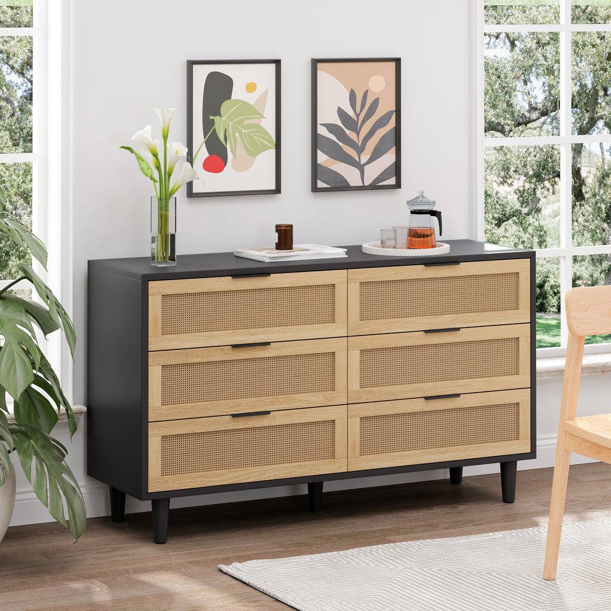 Nøordka Light Sideboard Default 52" Mid Century Modern Six Drawer Rattan Cabinet With Dark Accents