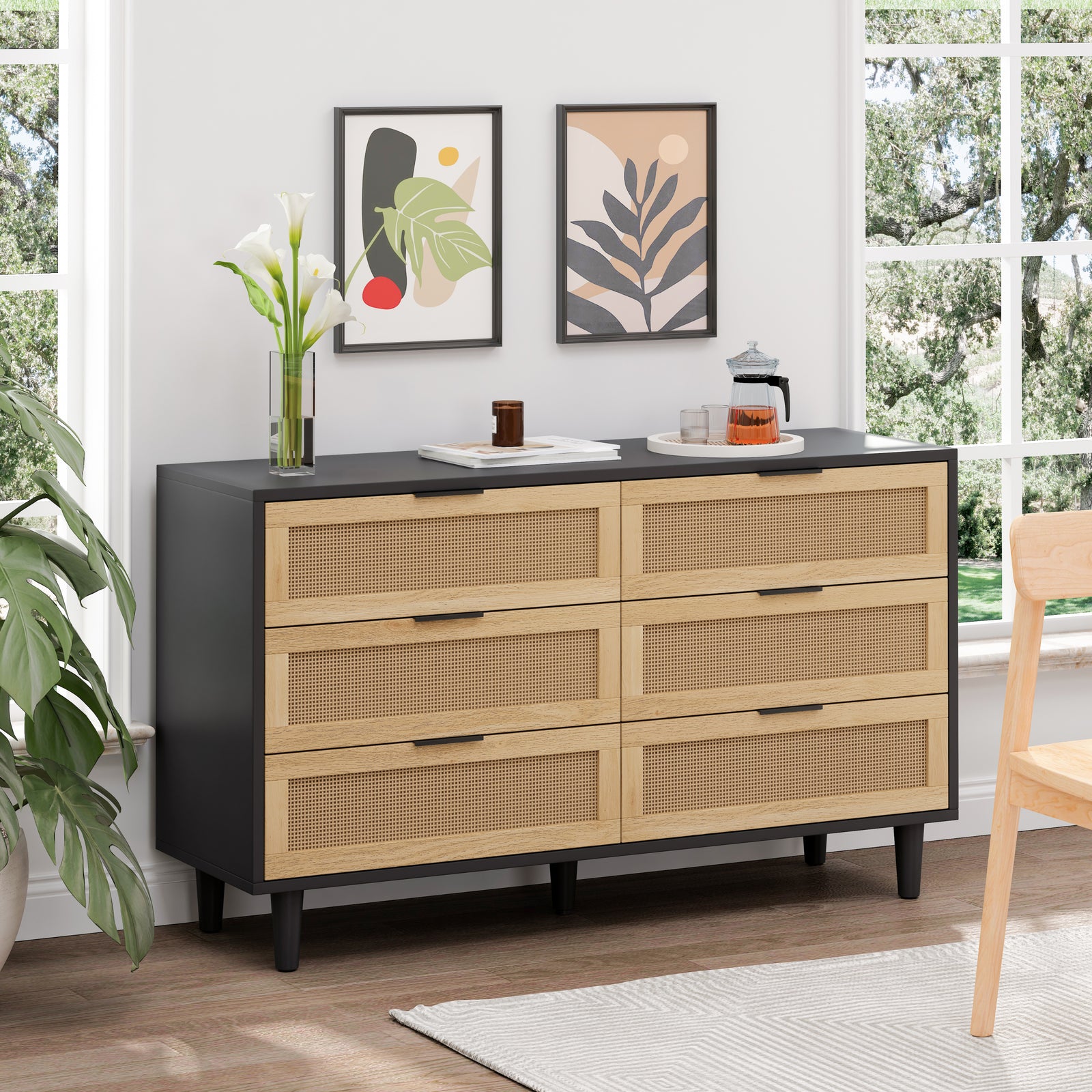 Nøordka Light Sideboard Default 52" Mid Century Modern Six Drawer Rattan Cabinet With Dark Accents