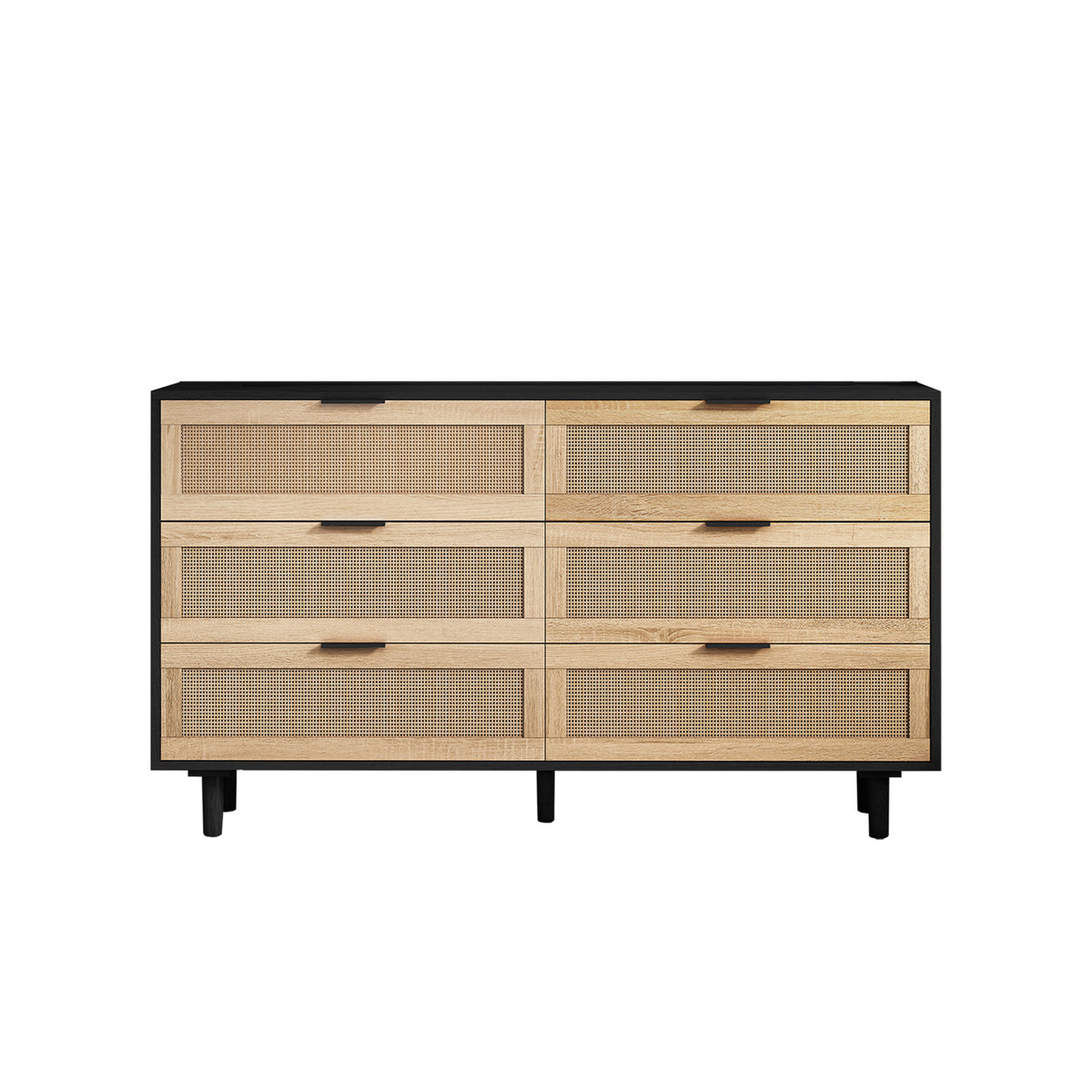 Nøordka Light Sideboard Default 52" Neutral 6-Drawer Rattan Storage Cabinet with Dark Accents