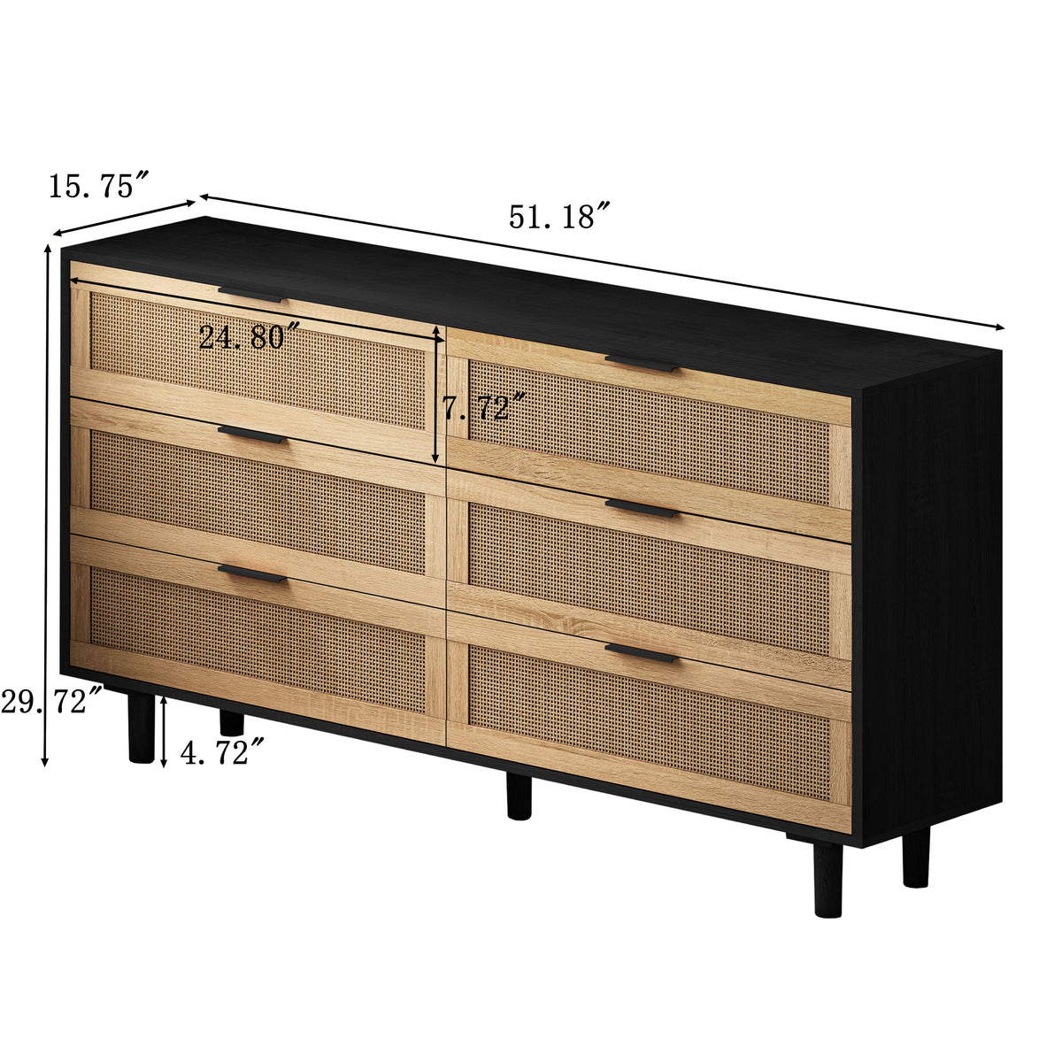 Nøordka Light Sideboard Default 52" Neutral 6-Drawer Rattan Storage Cabinet with Dark Accents