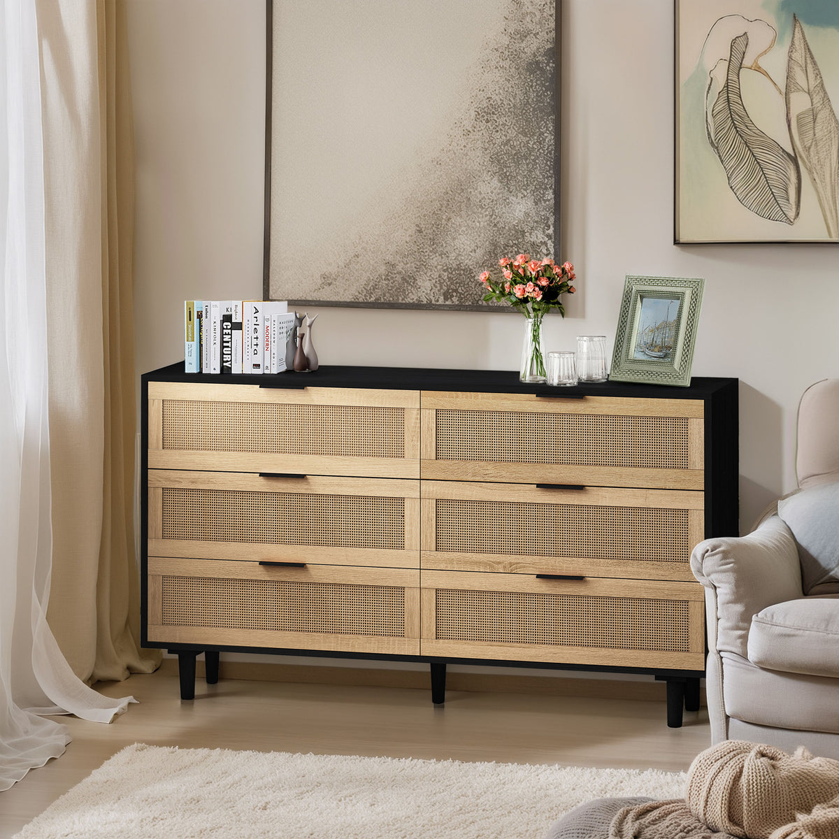Nøordka Light Sideboard Default 52" Neutral 6-Drawer Rattan Storage Cabinet with Dark Accents