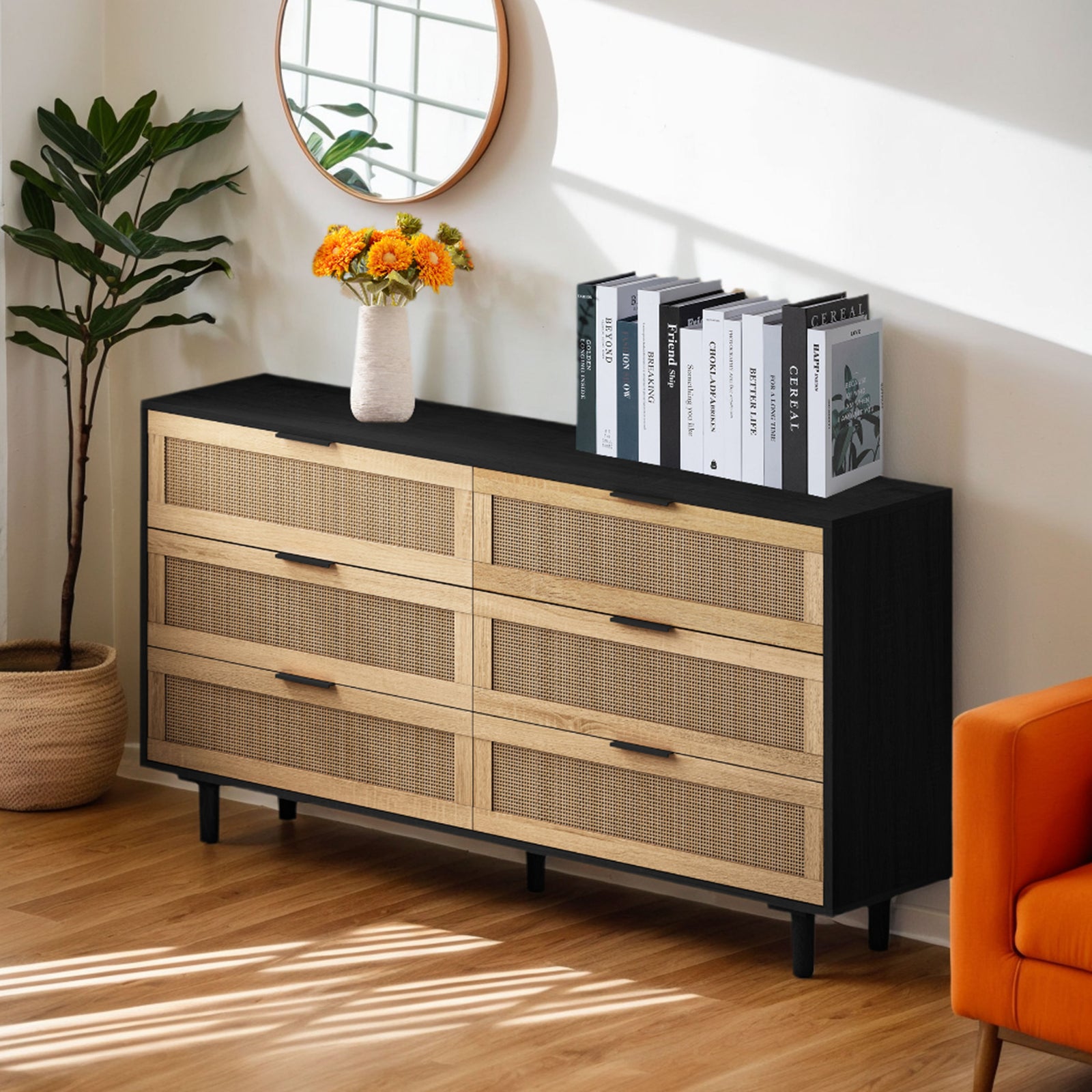Nøordka Light Sideboard Default 52" Neutral 6-Drawer Rattan Storage Cabinet with Dark Accents