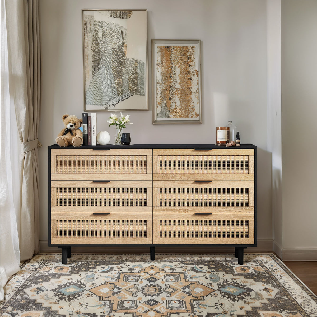 Nøordka Light Sideboard Default 52" Neutral 6-Drawer Rattan Storage Cabinet with Dark Accents