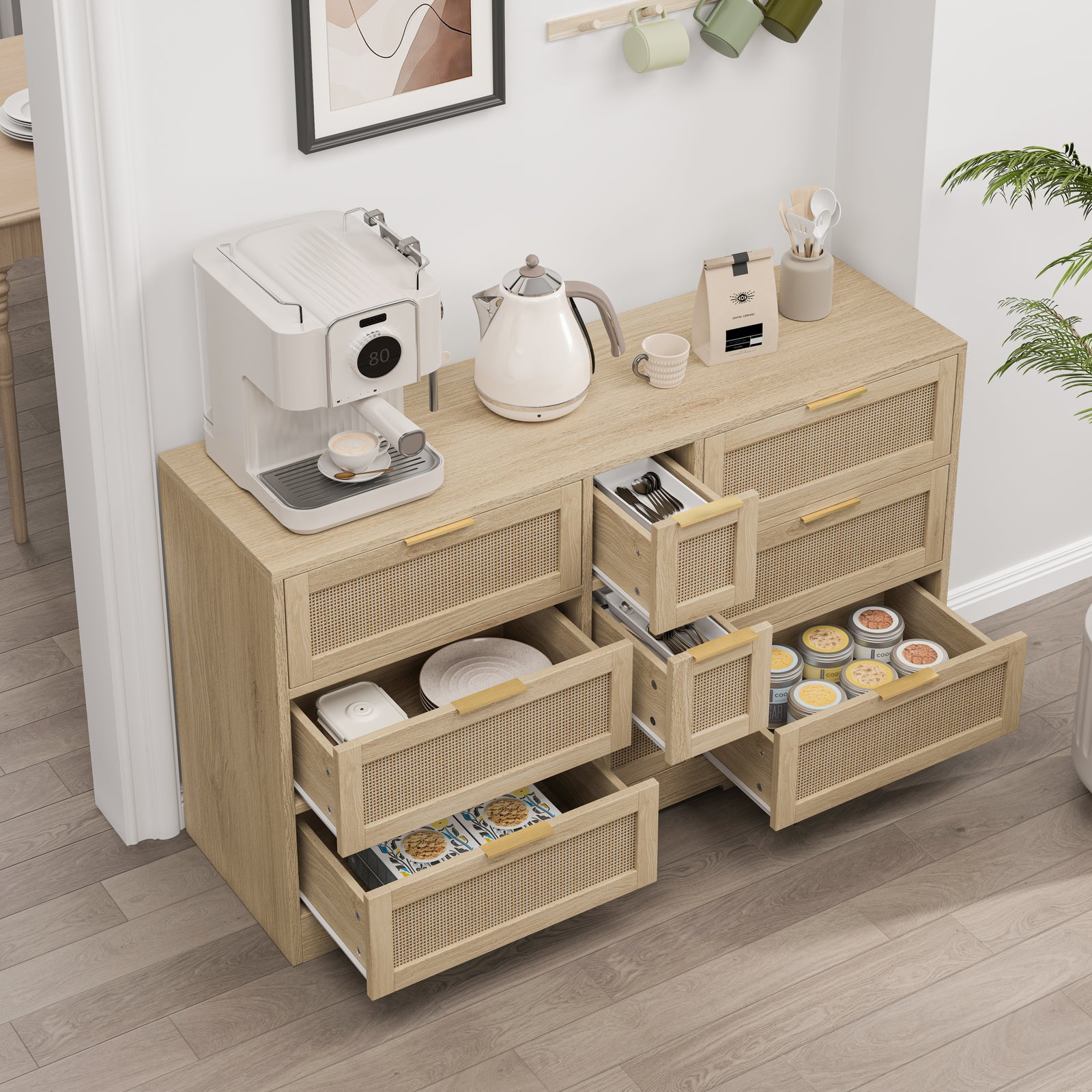 Nøordka Light Sideboard Default 52" Neutral Tone 9 Rattan Drawer Cabinet