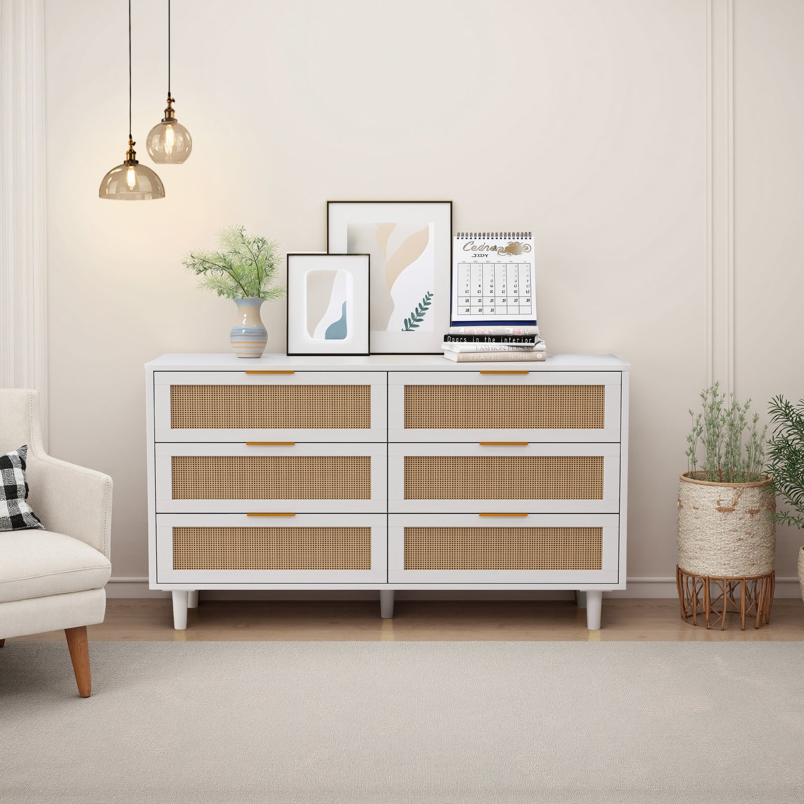Nøordka Light Sideboard Default 52" Rattan 6 Drawer Cabinet with White Accents