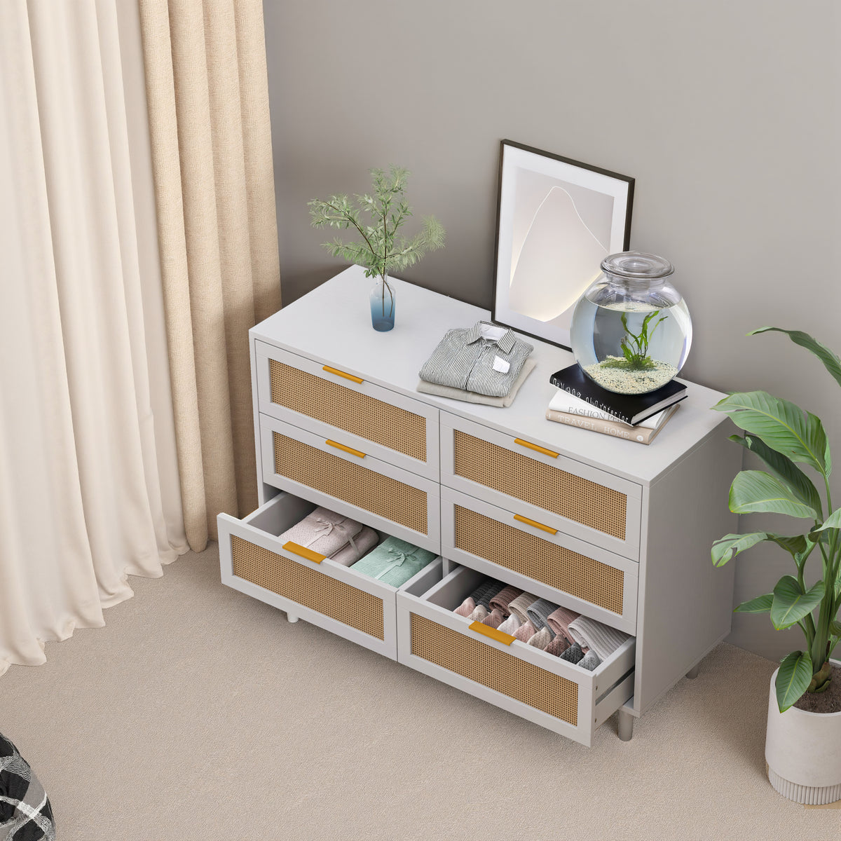 Nøordka Light Sideboard Default 52" Rattan 6 Drawer Cabinet with White Accents