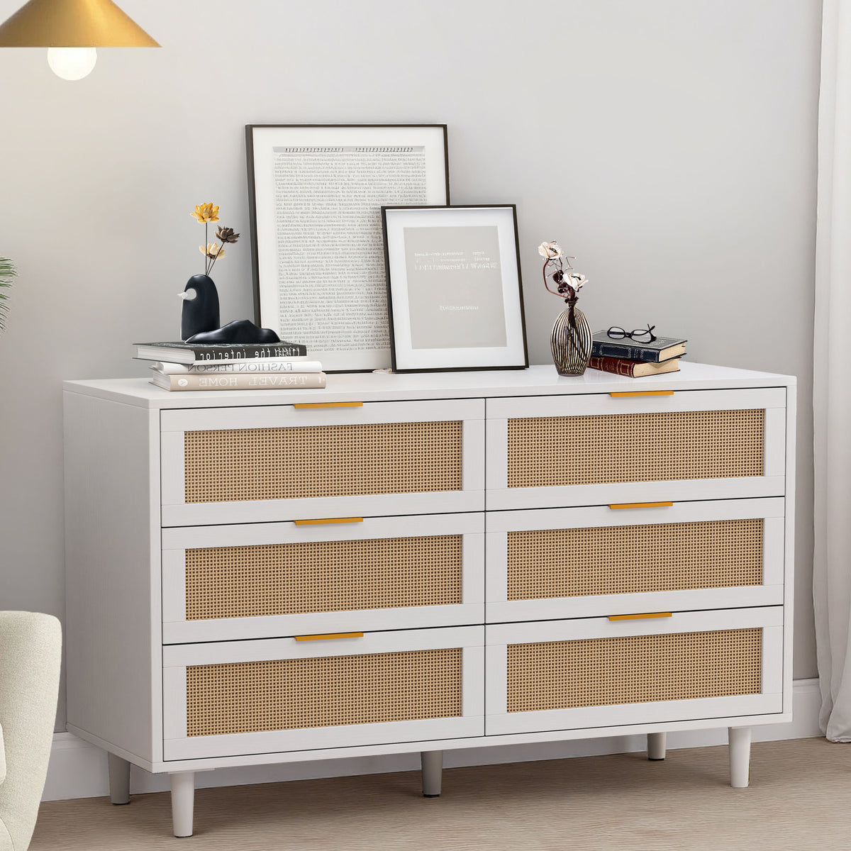 Nøordka Light Sideboard Default 52" Rattan 6 Drawer Cabinet with White Accents