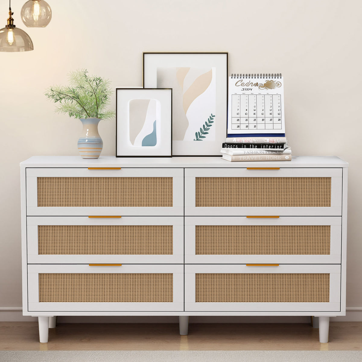Nøordka Light Sideboard Default 52" Rattan 6 Drawer Cabinet with White Accents