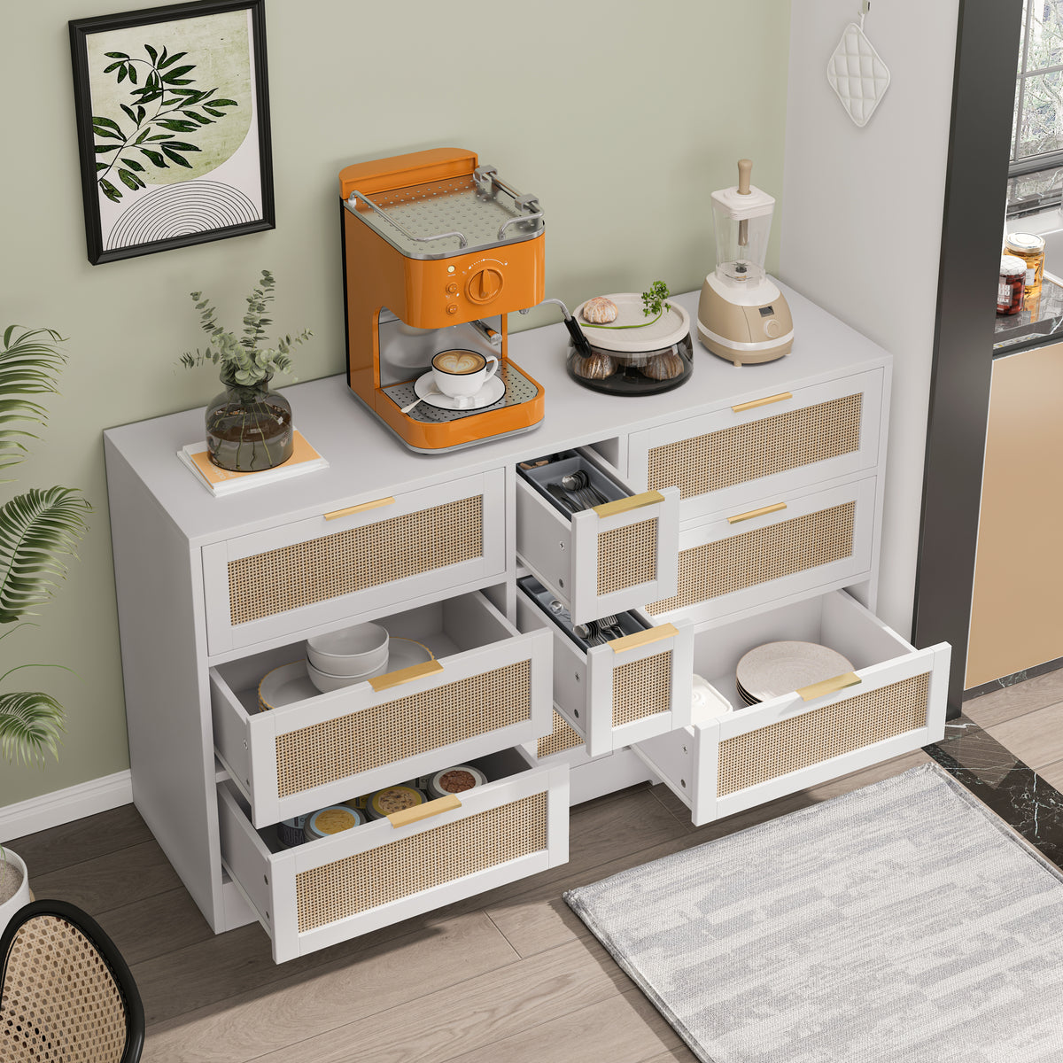 Nøordka Light Sideboard Default 52" Stylish 9 Drawer Rattan Storage Cabinet with Light Accents