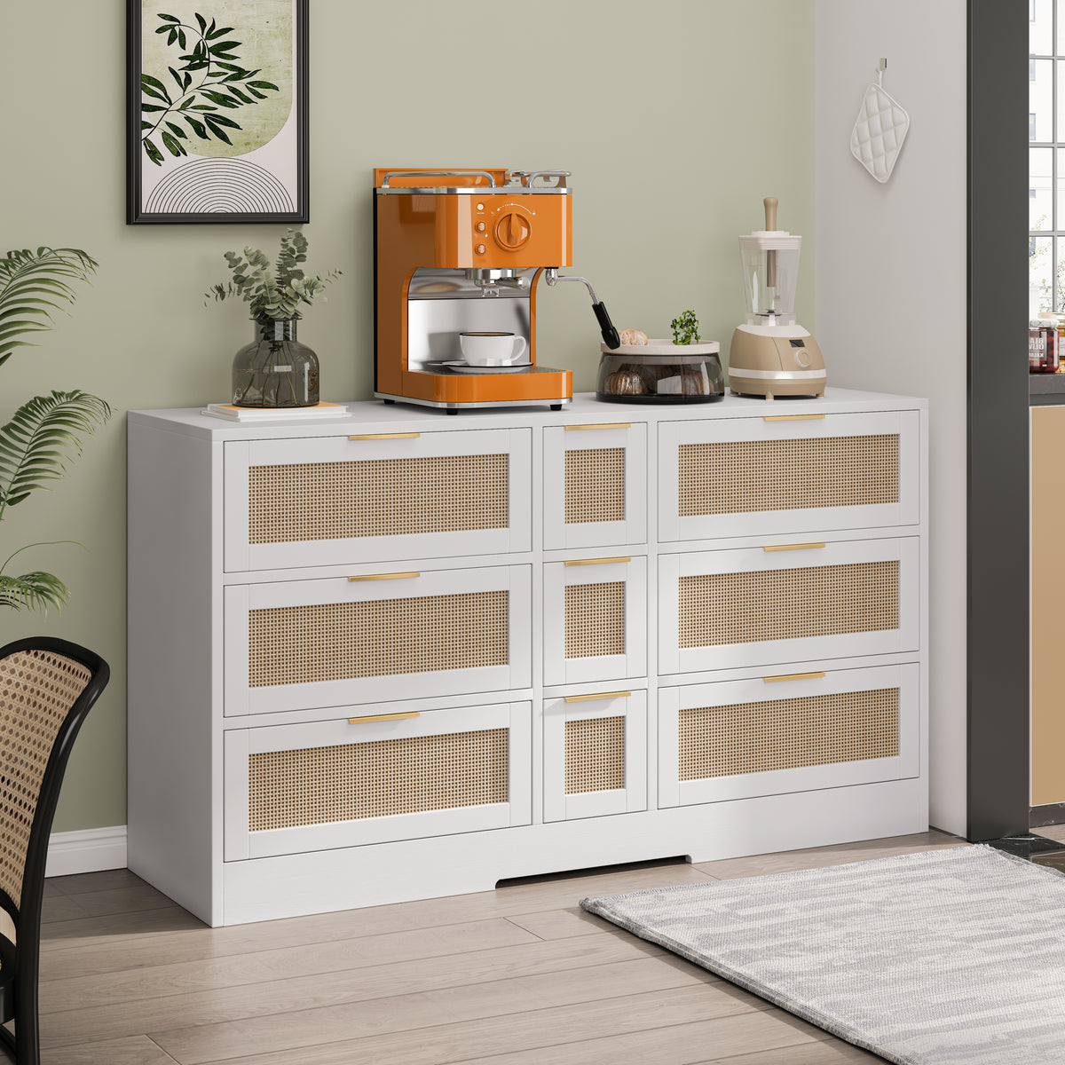 Nøordka Light Sideboard Default 52" Stylish 9 Drawer Rattan Storage Cabinet with Light Accents