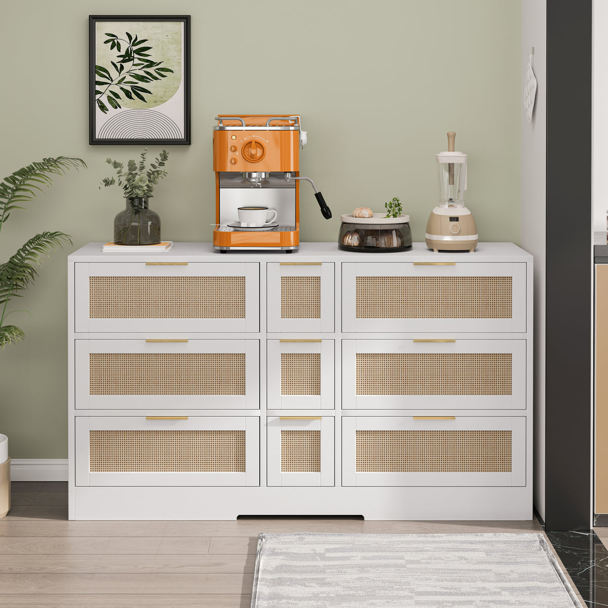 Nøordka Light Sideboard Default 52" Stylish 9 Drawer Rattan Storage Cabinet with Light Accents